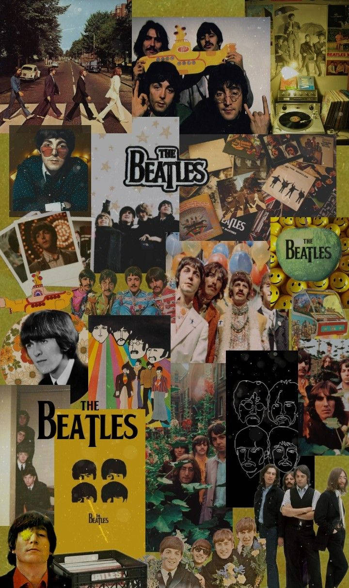 the beatles 桌布 壁紙 — 一幅充滿活力的披頭四紀念品拼貼畫，包含照片、專輯封面和標誌性圖像，採用溫暖的復古色調。