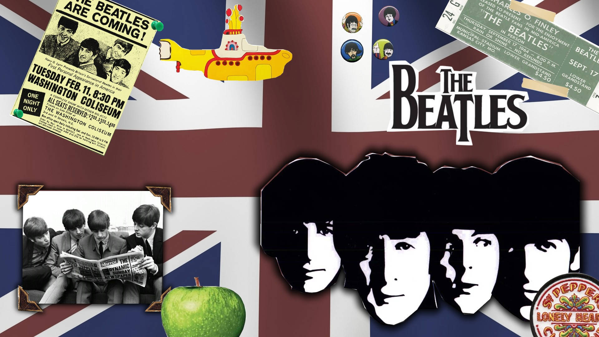 the beatles 桌布 壁紙 — 一幅充滿活力的披頭四紀念品拼貼畫，包括音樂會海報、潛水艇、青蘋果和標誌性的黑白肖像，背景為英國國旗。