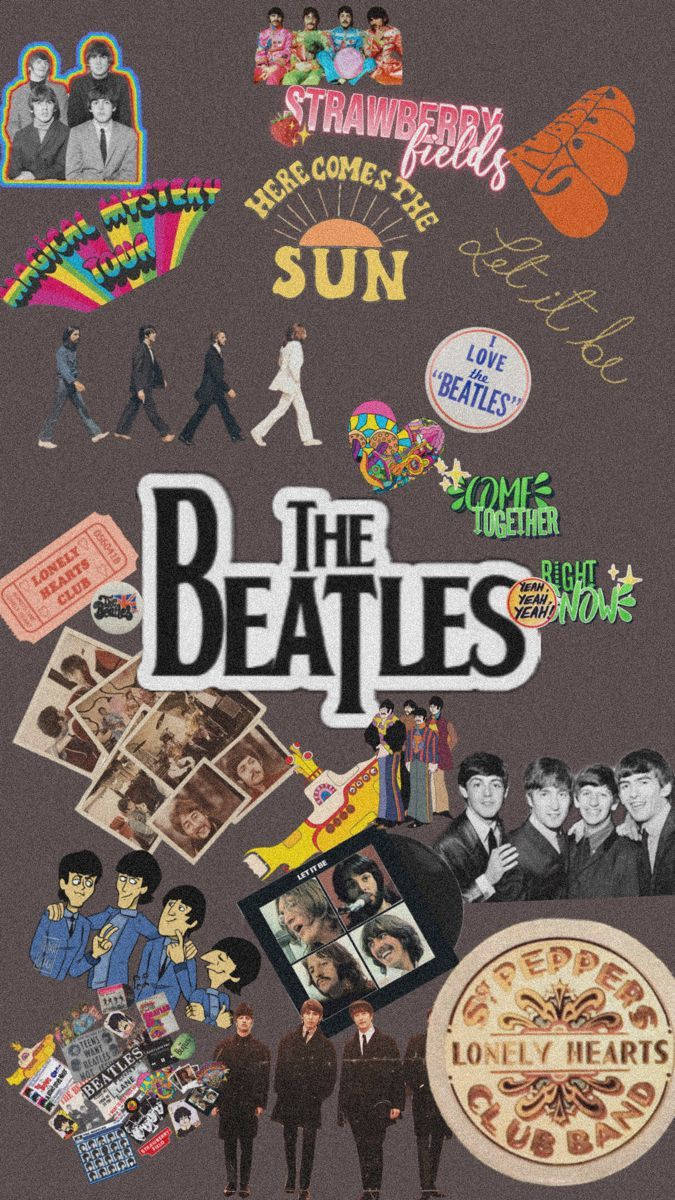 the beatles 桌布 壁紙 — 一幅充滿活力的披頭四紀念品拼貼畫，包括照片、專輯封面和標誌性歌曲名稱，背景為深色。