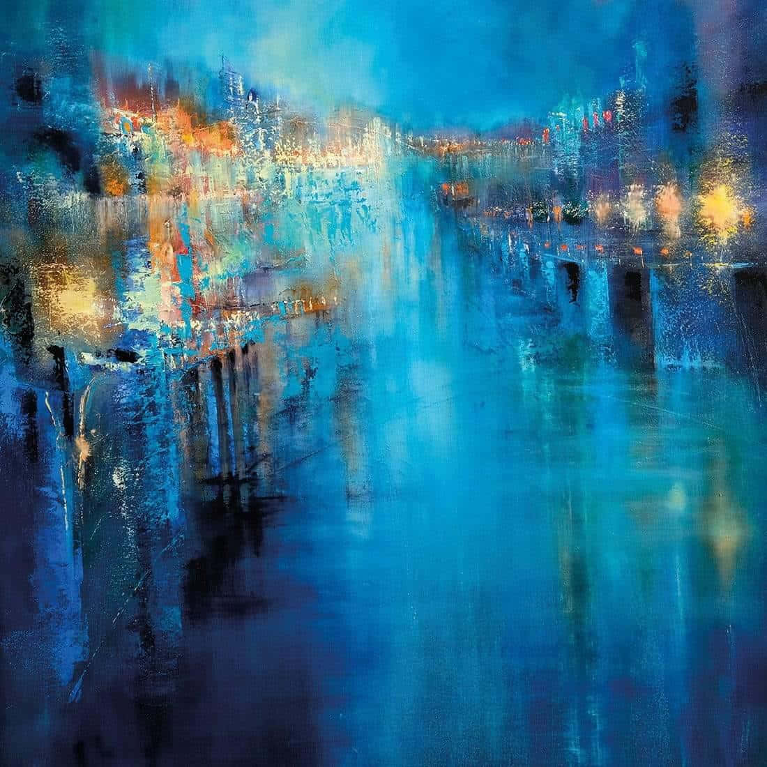 Painting 桌布 壁紙 — 一幅充滿活力的抽象城市夜景畫作，在深藍色天空下，燈光在水面上閃爍倒映。