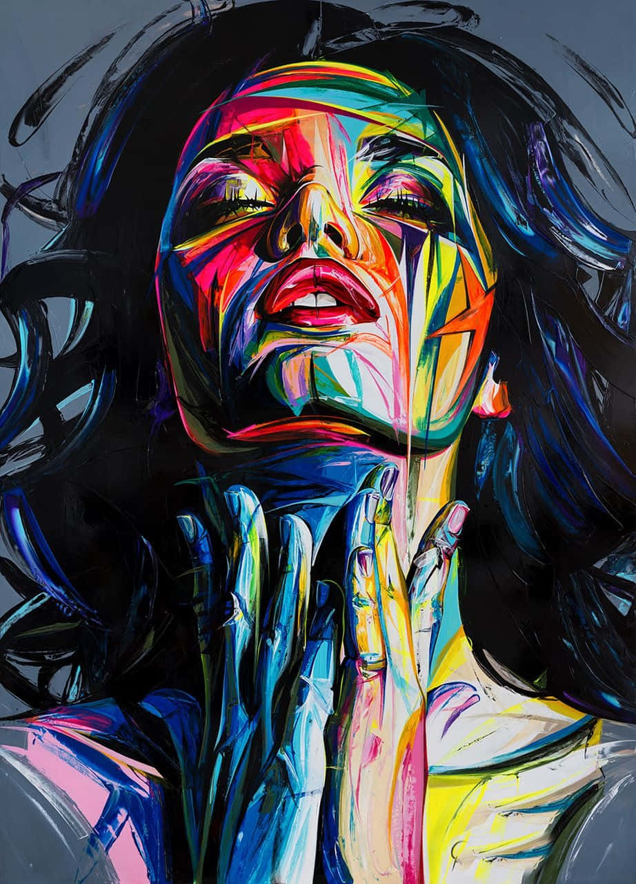 Painting 桌布 壁紙 — 一幅充滿活力的抽象女性肖像，臉上帶有彩色條紋，雙手舉起表達情感。