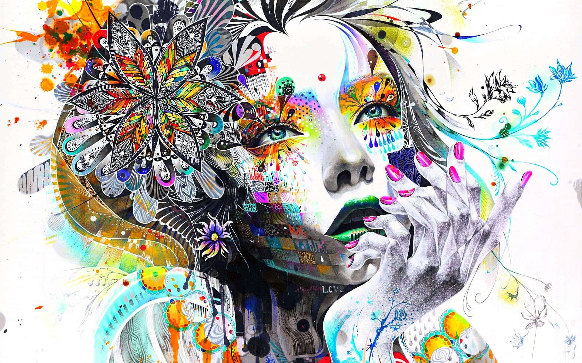 Psychedelic 3d Art 桌布 壁紙 — 一幅充滿活力的抽象女性肖像，臉上環繞著色彩繽紛的花卉圖案和旋轉的顏料飛濺。