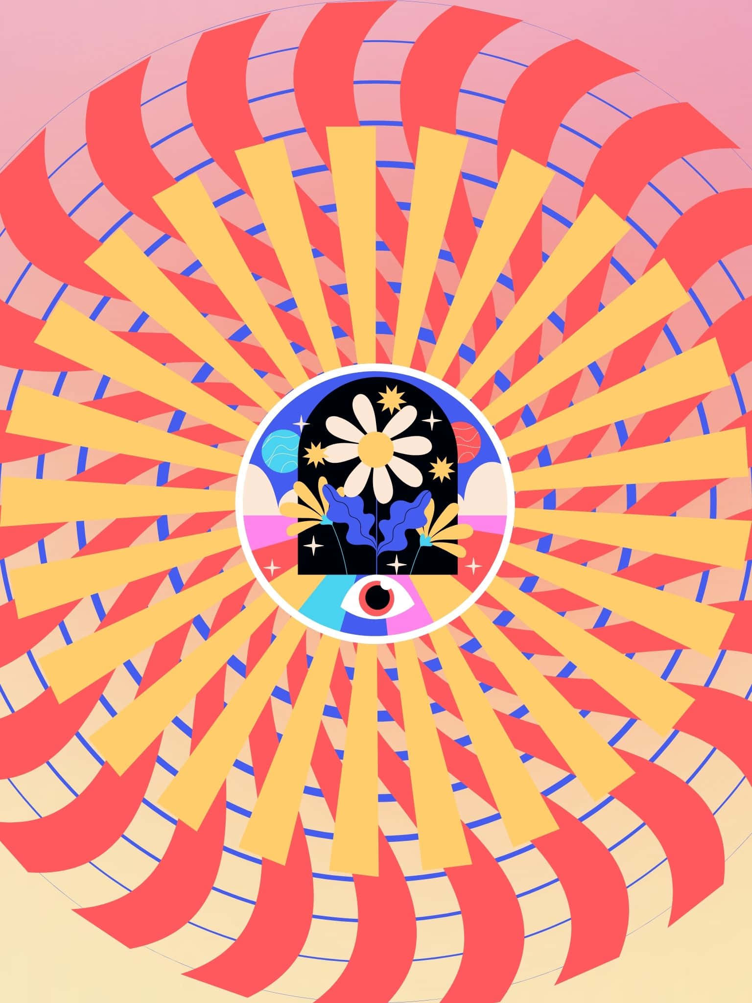 酷 桌布 壁紙 — 一幅充滿活力的抽象插圖，以中央圓形圖案為特色，中心有花朵眼睛，周圍環繞著放射狀的黃色光束和同心紅色條紋。