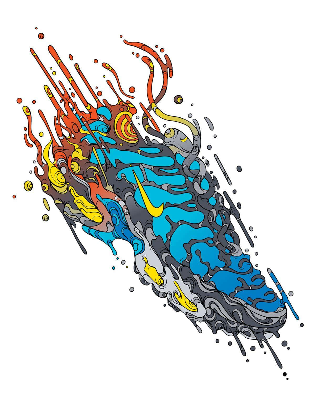 滴流 桌布 壁紙 — 一幅充滿活力的抽象插圖，描繪一雙Nike運動鞋爆炸出色彩繽紛的油漆飛濺和動態漩渦。