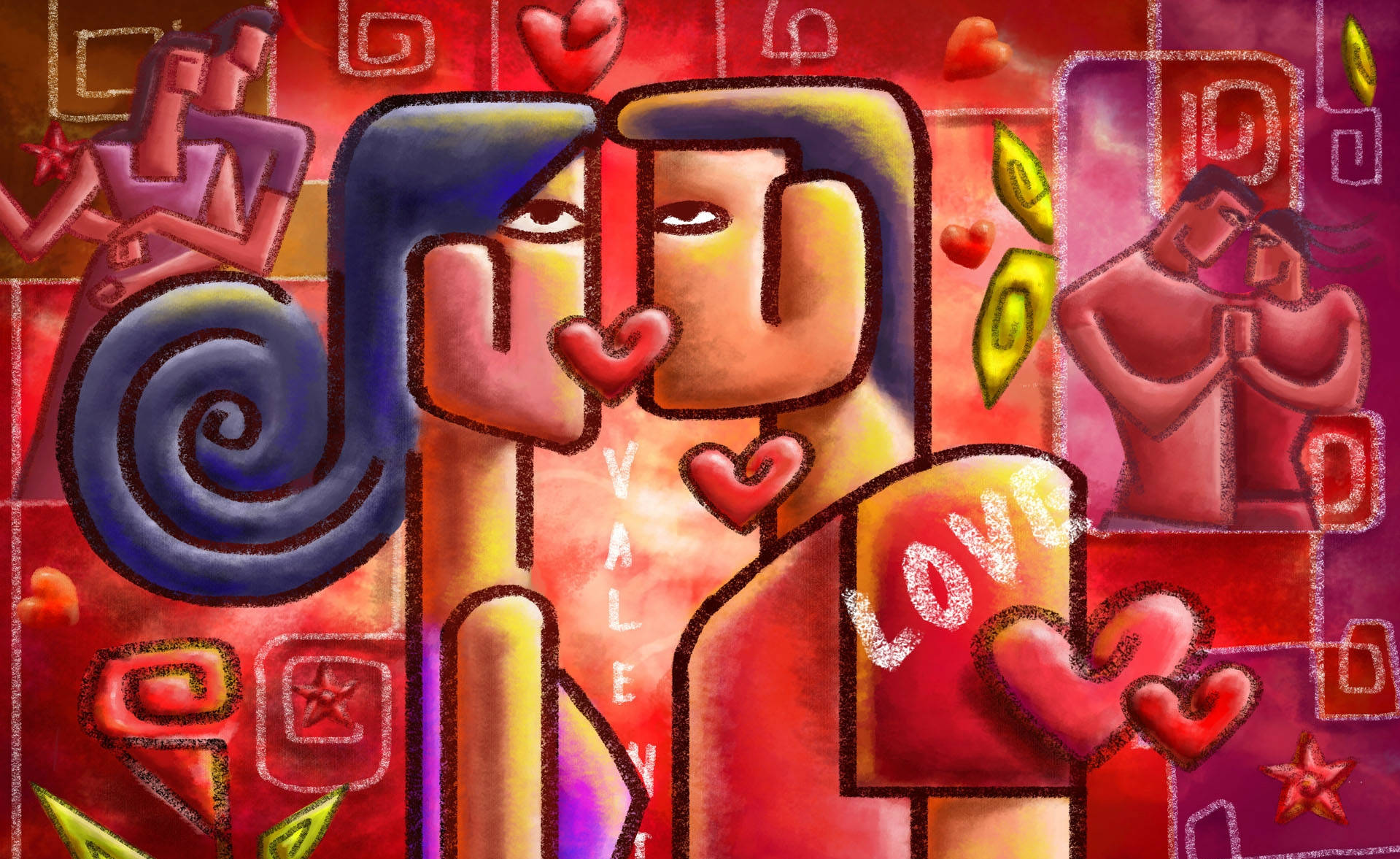 情侶 桌布 壁紙 — 一幅充滿活力的抽象插圖，描繪風格化的戀人在漂浮的心形和幾何圖案中擁抱，色調為溫暖的紅色和紫色。