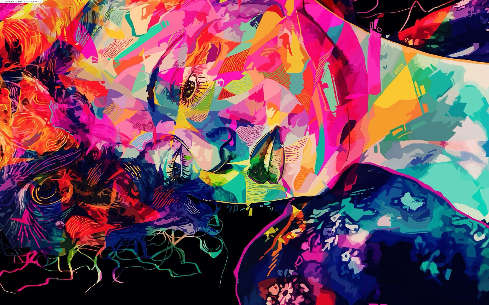 Mixed Media 桌布 壁紙 — 一幅充滿活力的抽象數位肖像，女性臉部碎片化為大膽的霓虹色彩和幾何形狀。