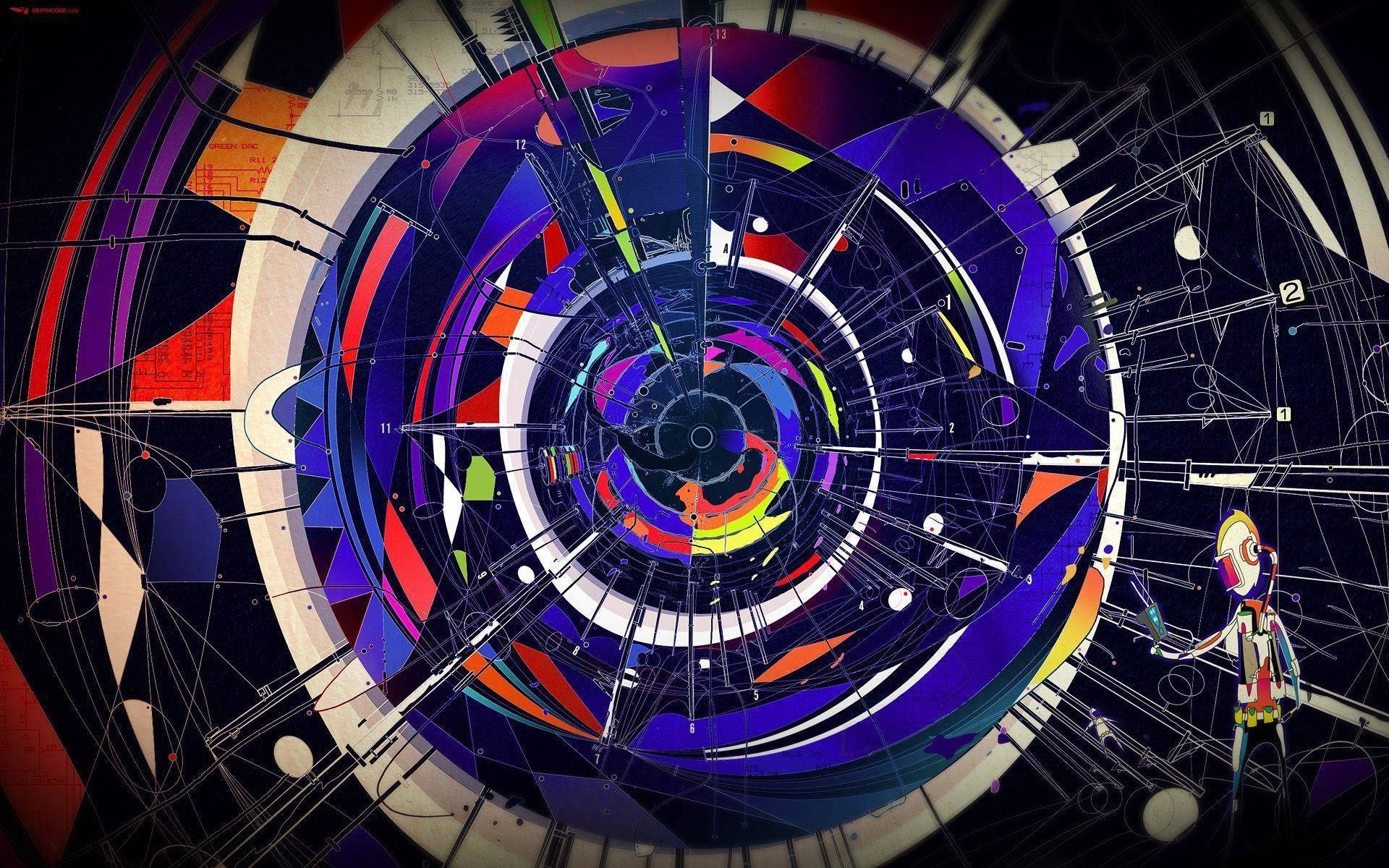 Physics 桌布 壁紙 — 一幅充滿活力的抽象數位藝術作品，以旋轉的宇宙時鐘為特色，帶有幾何圖案和邊緣的風格化人物。