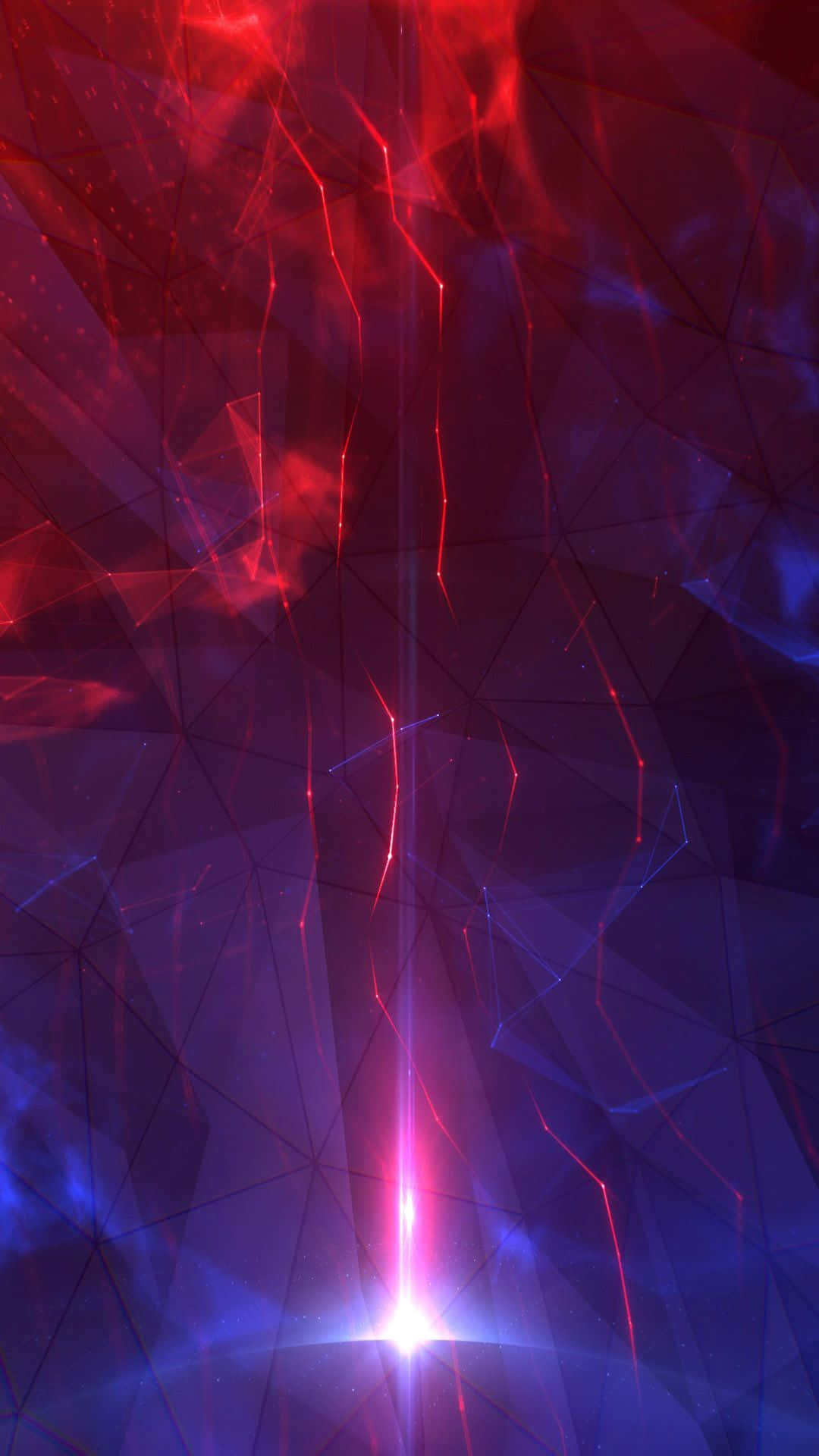 motion 桌布 壁紙 — 一幅充滿活力的抽象數位藝術作品，發光的紅色和藍色幾何線條匯聚成明亮的中心光。