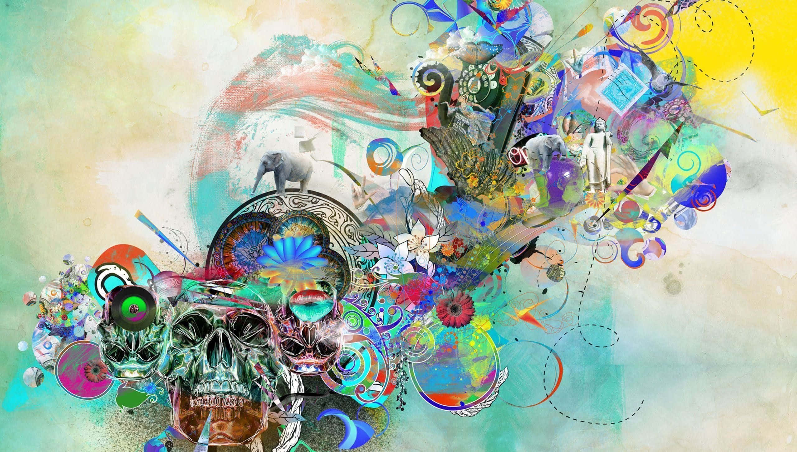 Cool Art 桌布 壁紙 — 一幅充滿活力的抽象數位藝術作品，在柔和漸變背景上爆發出色彩繽紛的漩渦、骷髏頭、大象和花卉圖案。