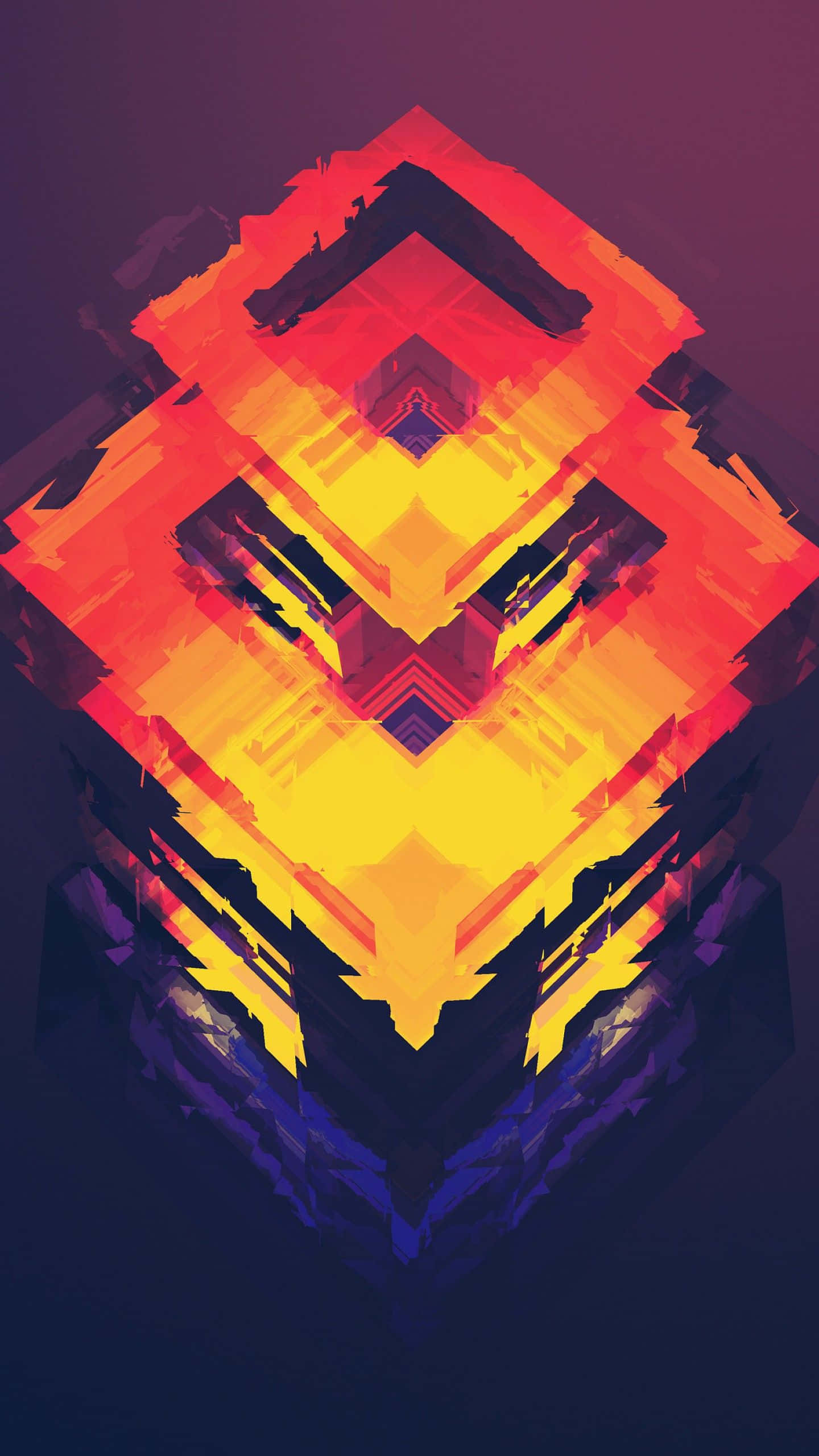 Polygon 桌布 壁紙 — 一幅充滿活力的抽象數位藝術作品，採用火橙色、黃色和深紫色的分層幾何形狀。