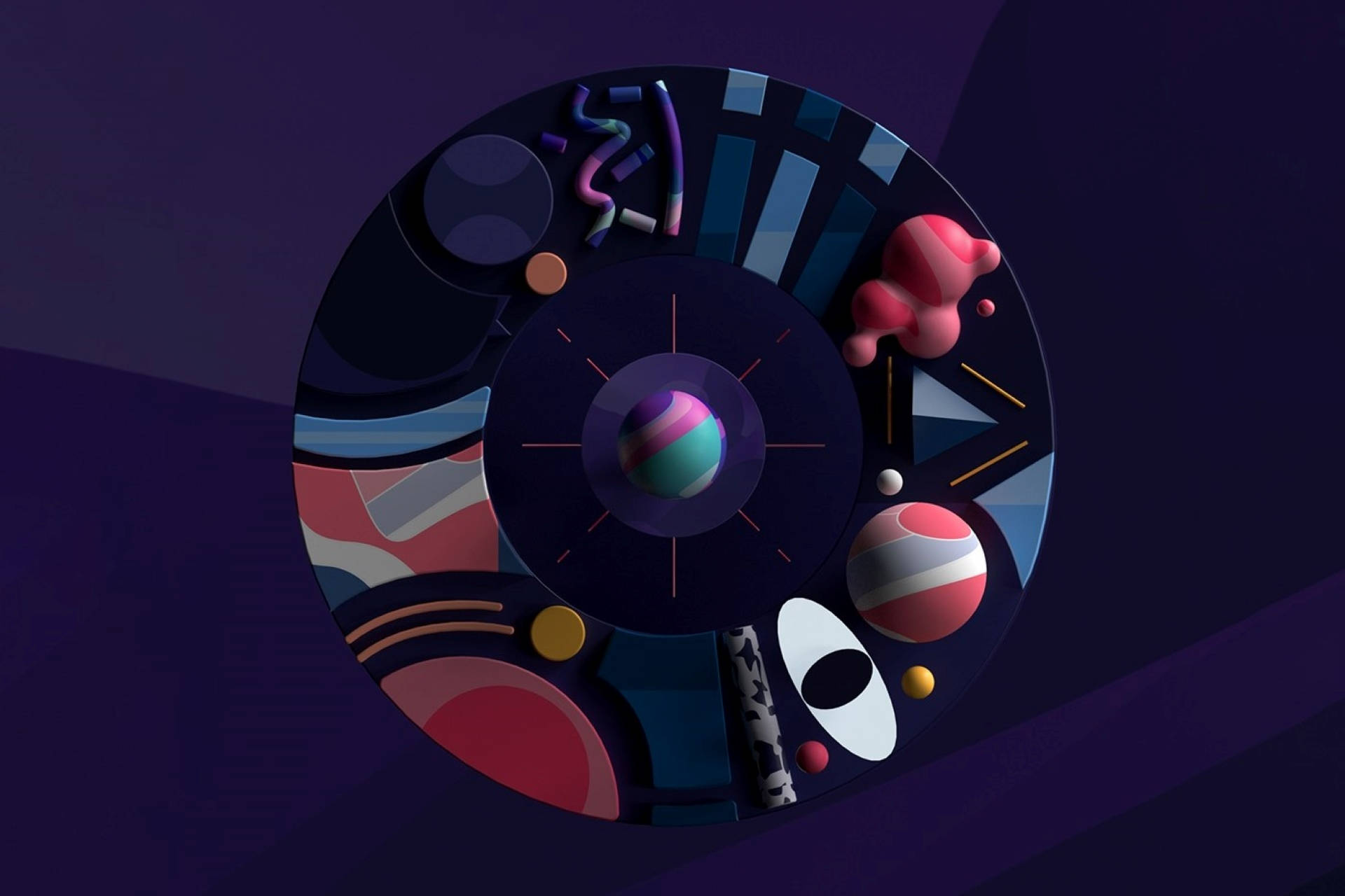 Cosmos 桌布 壁紙 — 一幅充滿活力的抽象數位藝術作品，以深紫色背景為襯，色彩繽紛的幾何形狀和球體排列成圓形構圖。