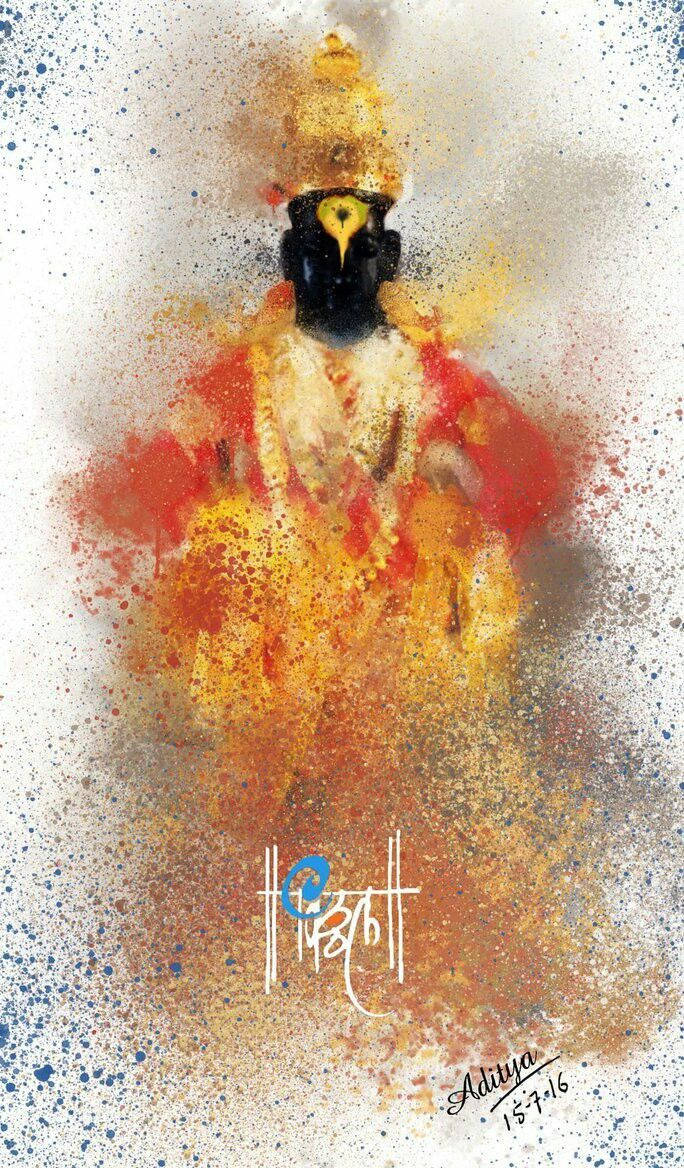 Indian 桌布 壁紙 — 一幅充滿活力的抽象潑畫，描繪一位戴著皇冠的人物，以紅色和金色為主，白色背景上帶有藍色斑點。