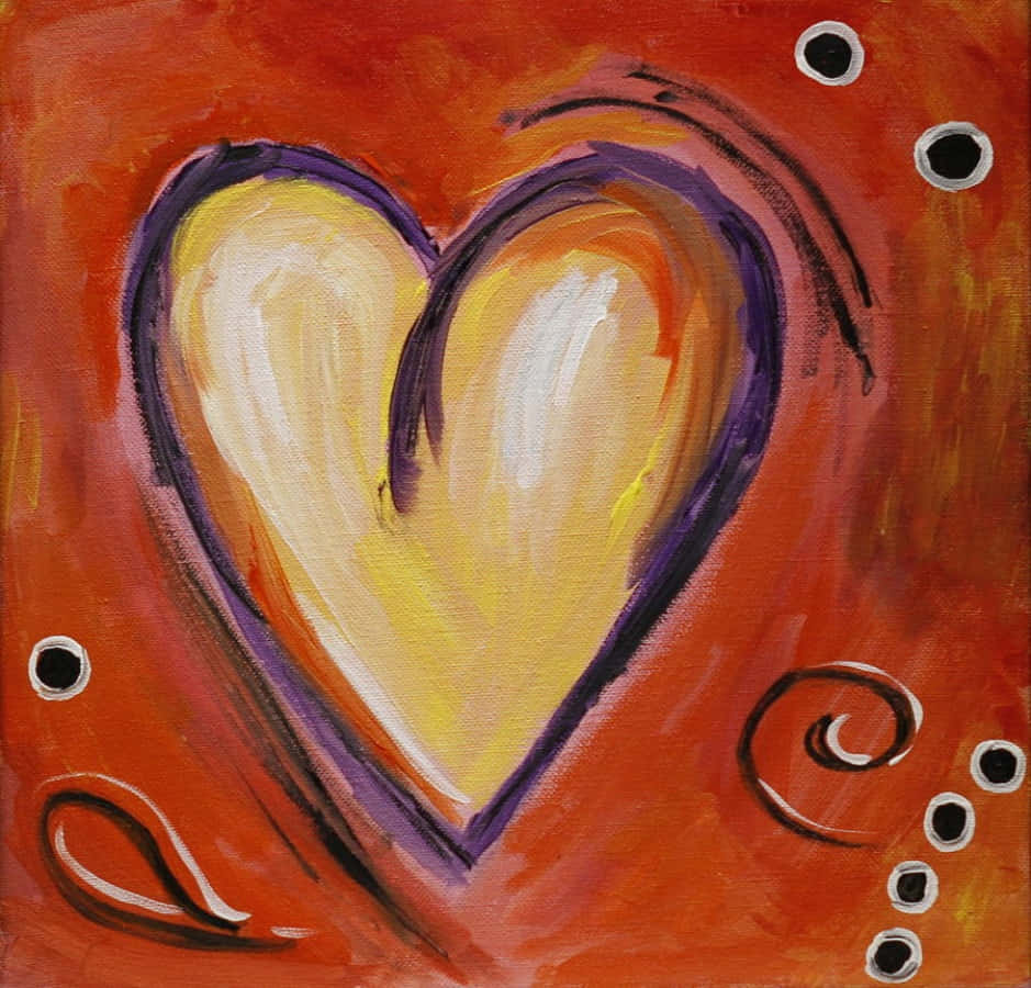 Heart Art 桌布 壁紙 — 一幅充滿活力的抽象畫，在帶有紋理的橙色背景上，展示了一個帶有紫色輪廓的黃色大心臟，背景飾有漩渦和黑色圓點。