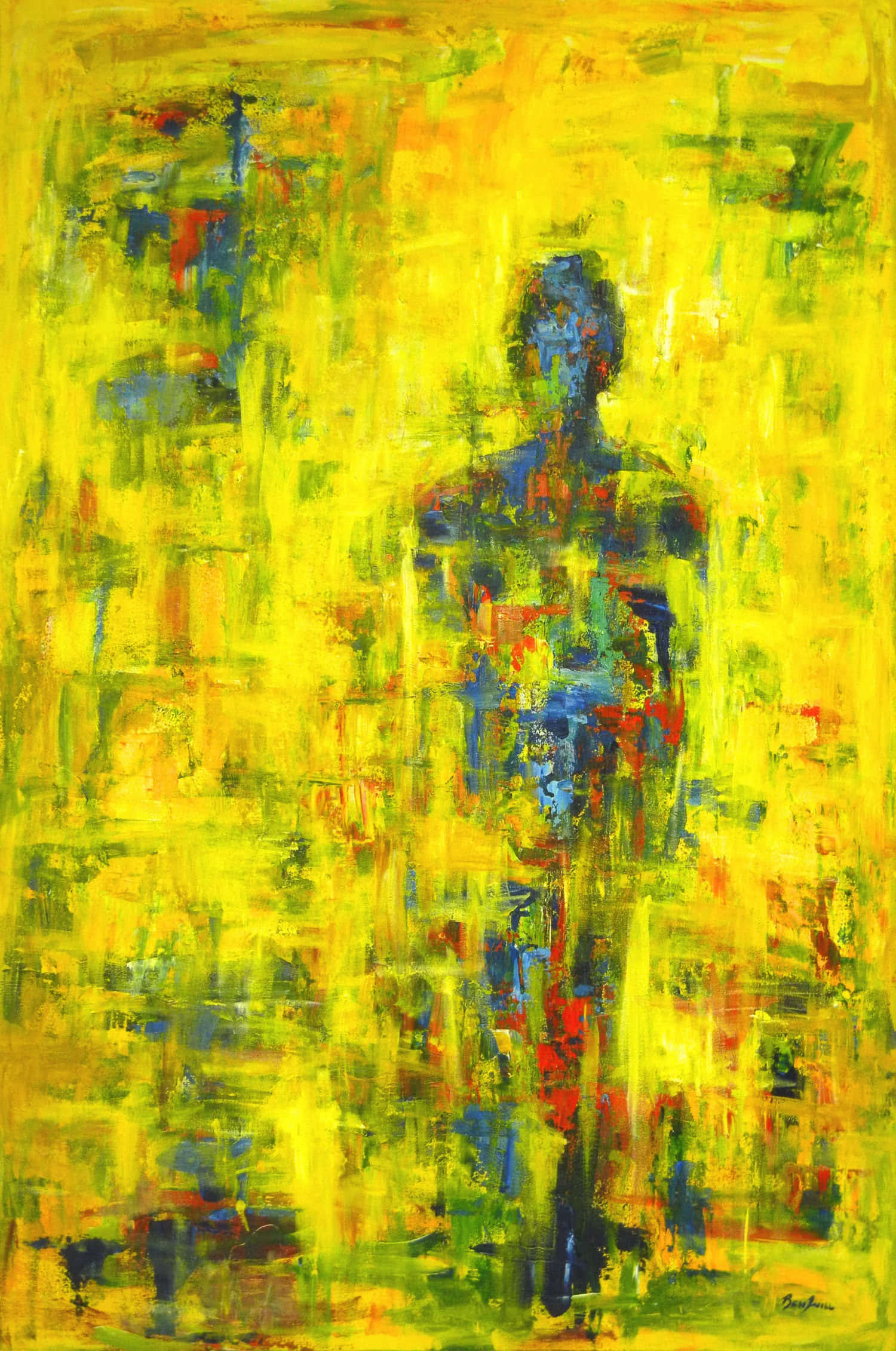 Yellow Art 桌布 壁紙 — 一幅充滿活力的抽象畫，在紋理黃色和綠色背景上呈現藍色和紅色的人類剪影。