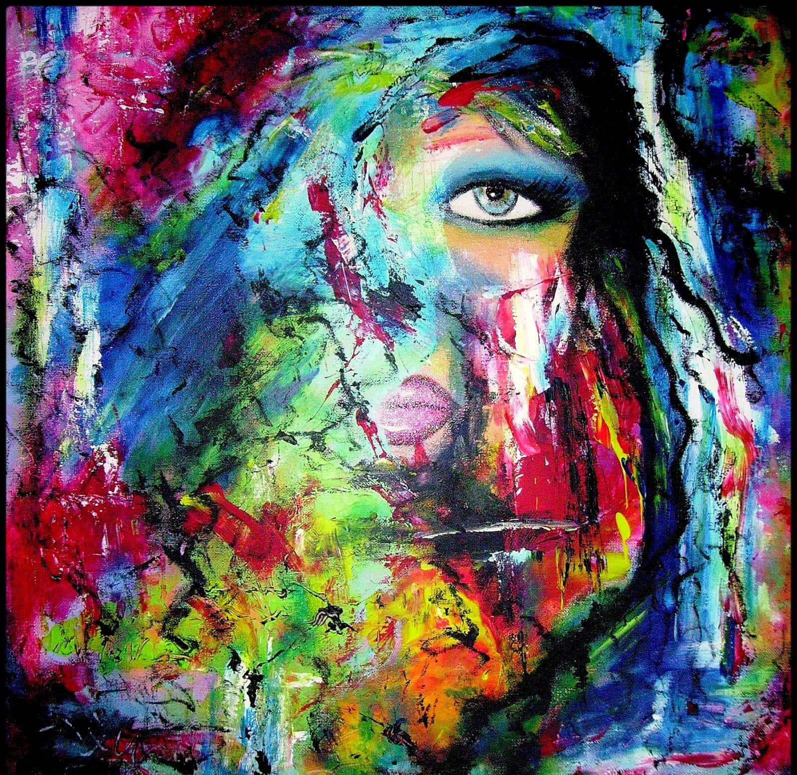 Painting 桌布 壁紙 — 一幅充滿活力的抽象畫，描繪一位女性的臉龐，一隻銳利的眼睛從藍色、綠色、紅色和黃色的混亂漩渦中浮現。