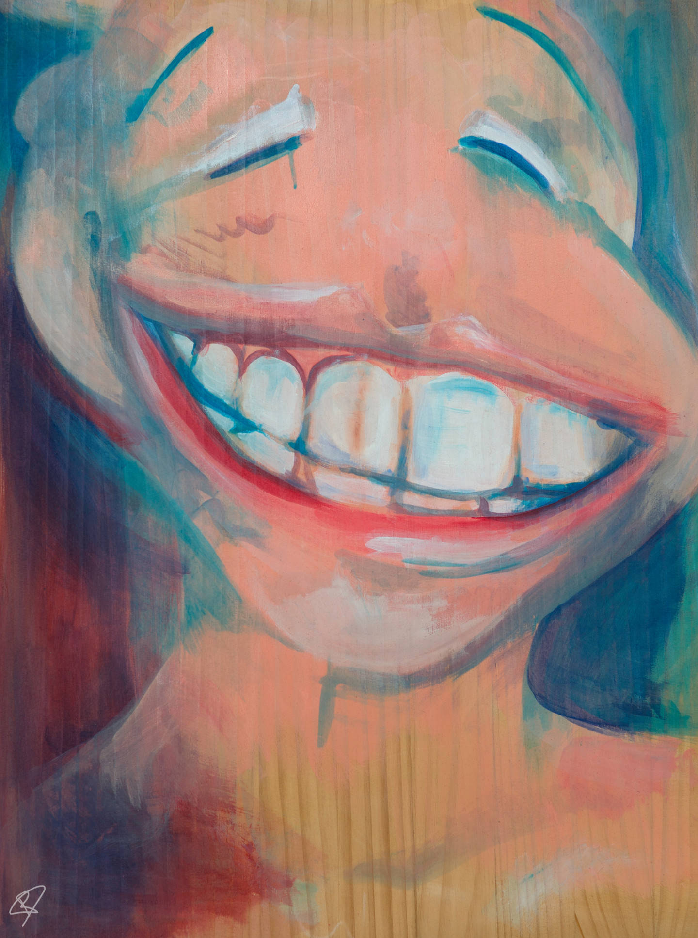 Smile 桌布 壁紙 — 一幅充滿活力的抽象畫，描繪一張快樂的臉，露出寬闊的牙齒笑容，閉著眼睛，背景是色彩繽紛的紋理。