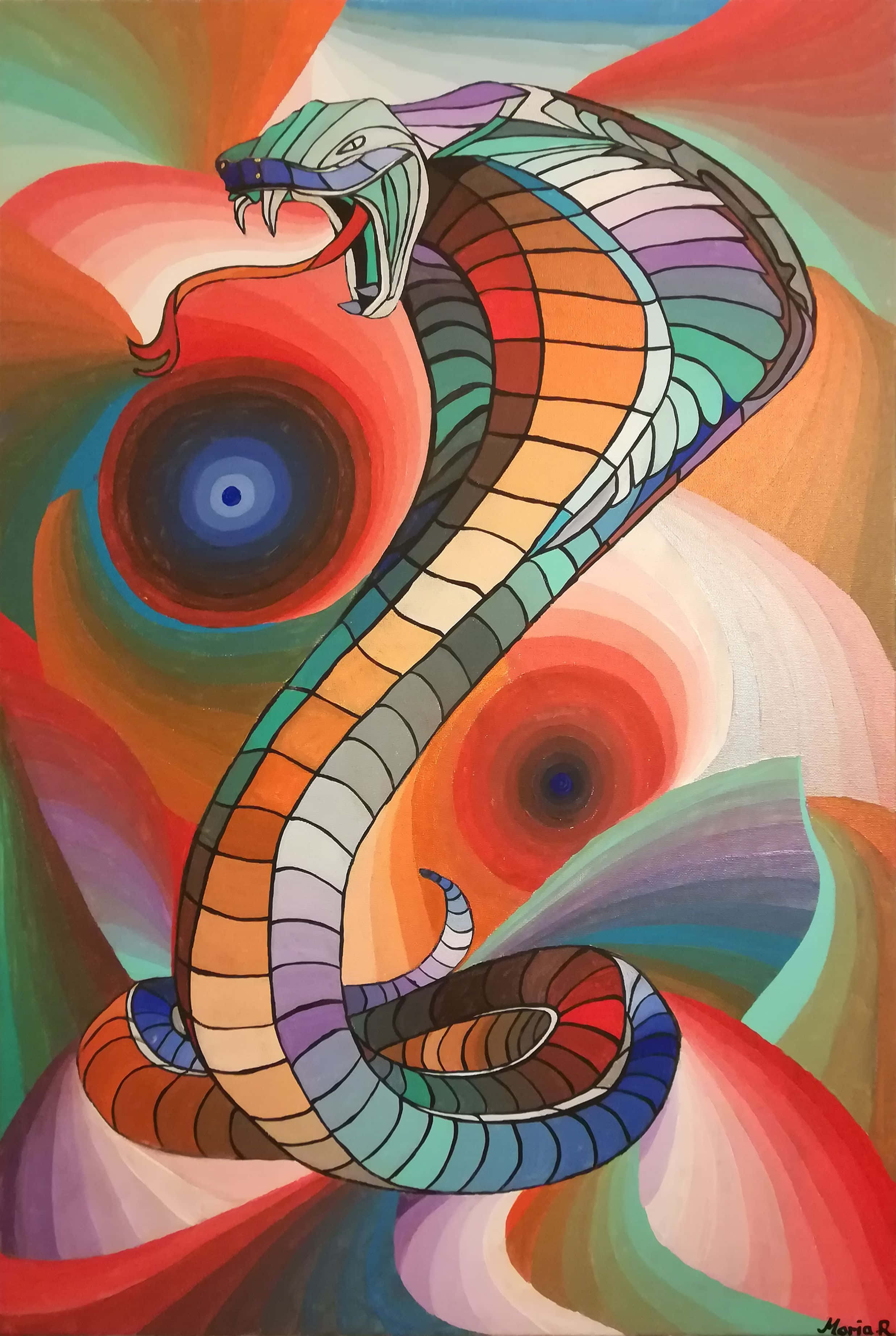 眼鏡王蛇 桌布 壁紙 — 一幅充滿活力的抽象畫，描繪一條彩虹色的眼鏡蛇盤繞在旋轉的迷幻背景上。