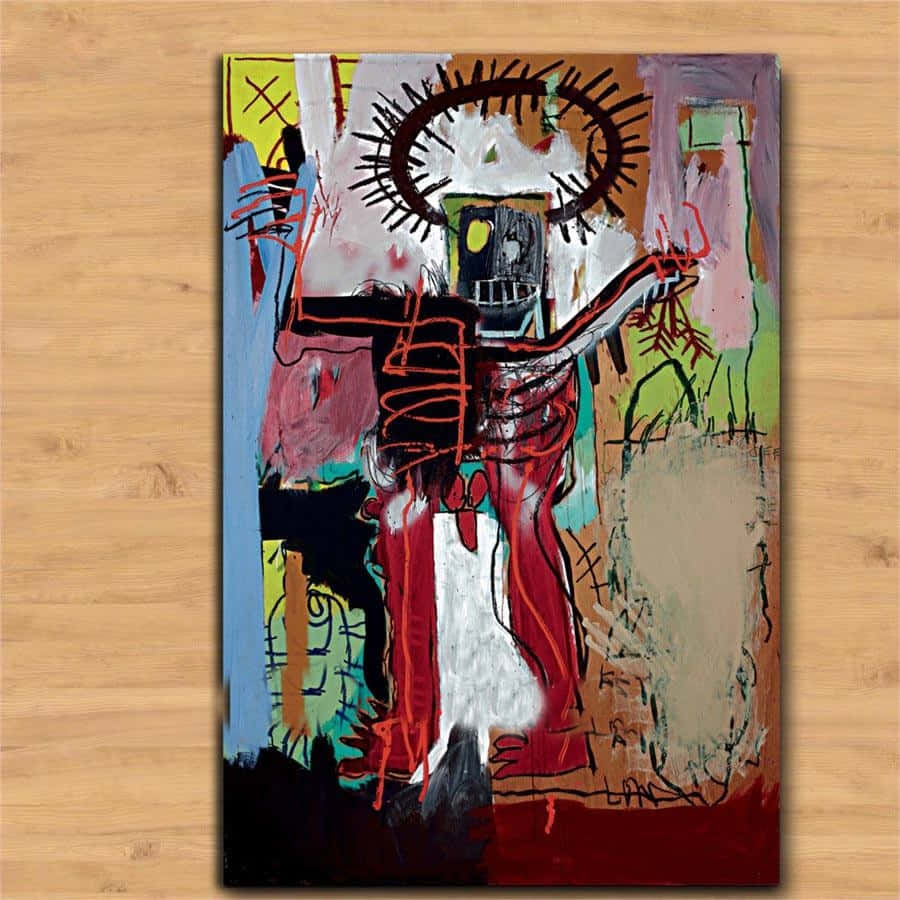 Painting 桌布 壁紙 — 一幅充滿活力的抽象畫，描繪了一個帶有光環和伸展雙臂的骨架人物，掛在木牆上。