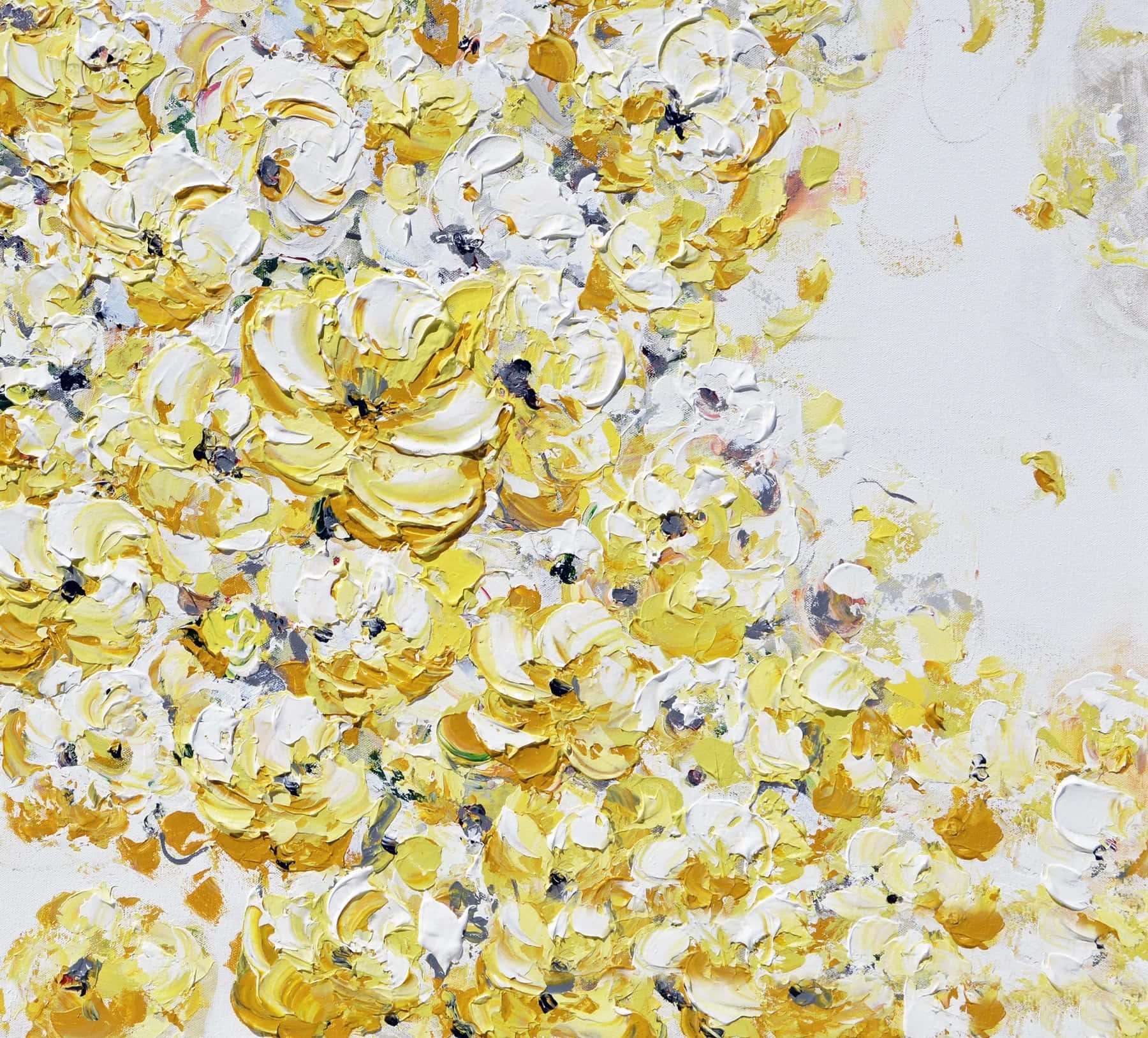 Yellow Art 桌布 壁紙 — 一幅充滿活力的抽象畫，描繪了質感豐富的黃色和白色花朵，以粗獷的筆觸在淺色背景上呈現。