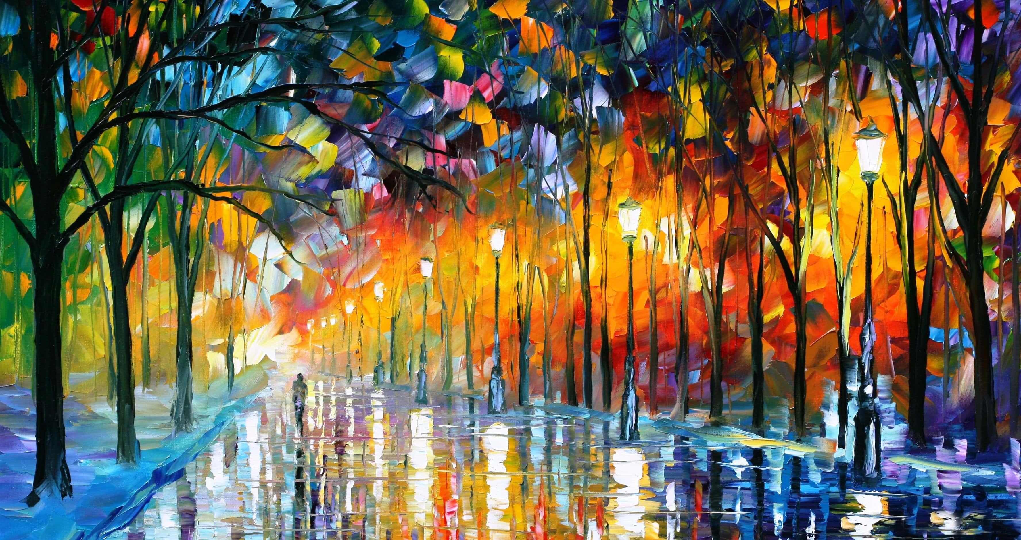 Painting 桌布 壁紙 — 一幅充滿活力的抽象畫，描繪雨天的街道，兩旁樹木在水坑中反射出五彩繽紛的燈光。