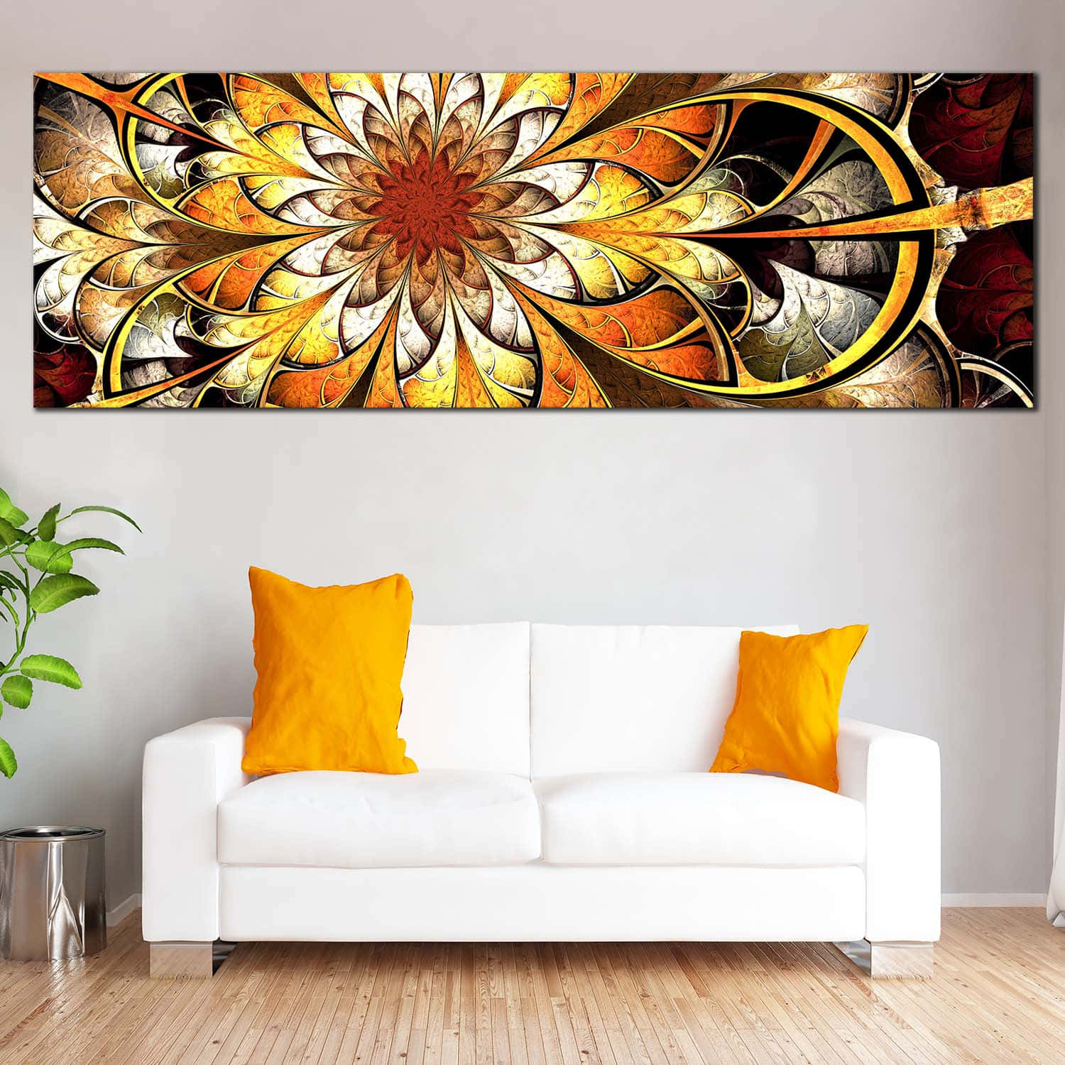 Yellow Art 桌布 壁紙 — 一幅充滿活力的抽象碎形藝術品，帶有金色橙色和深紅色調，懸掛在簡約客廳的白色沙發上方，搭配橙色抱枕。