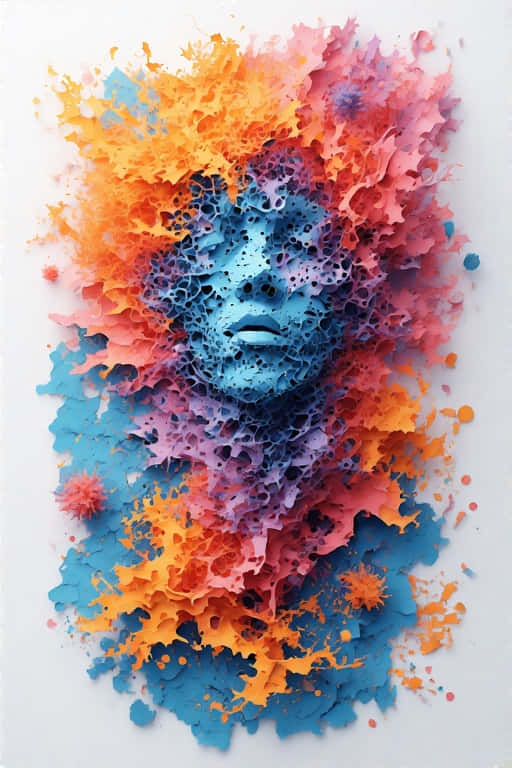 Vibrant Abstract Paper Cutouts 8K 壁紙 — 一幅充滿活力的抽象肖像，藍色面孔從爆炸性的橙色、粉紅色和紫色油漆飛濺中浮現，背景為白色。