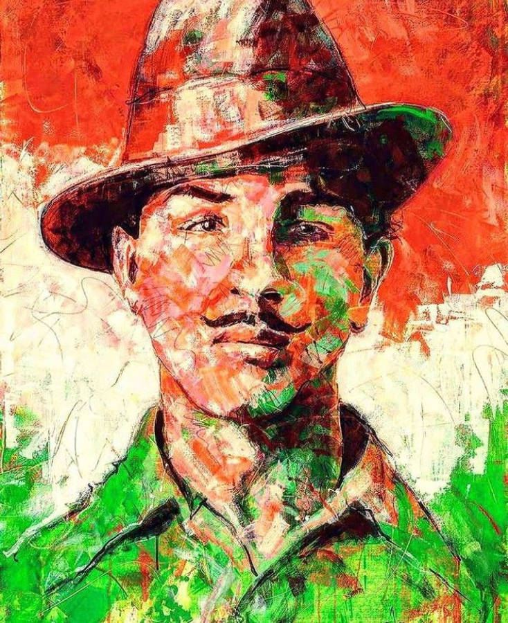 Shaheed Bhagat Singh 桌布 壁紙 — 一幅充滿活力的抽象肖像畫，描繪一位戴帽子的男士，帶有鮮明的紅、綠、白色筆觸。