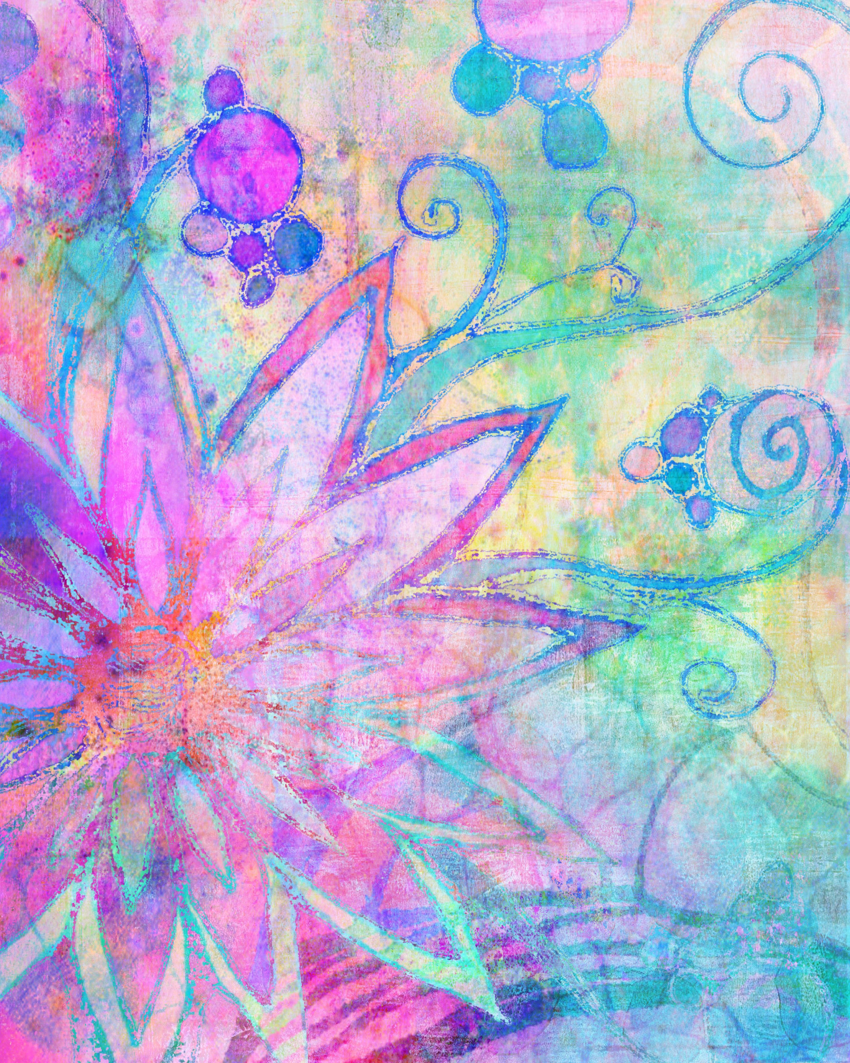 奇幻 桌布 壁紙 — 一幅充滿活力的抽象花卉藝術作品，帶有旋轉的卷鬚和發光的紫色、粉紅色和藍綠色色調，背景帶有紋理。