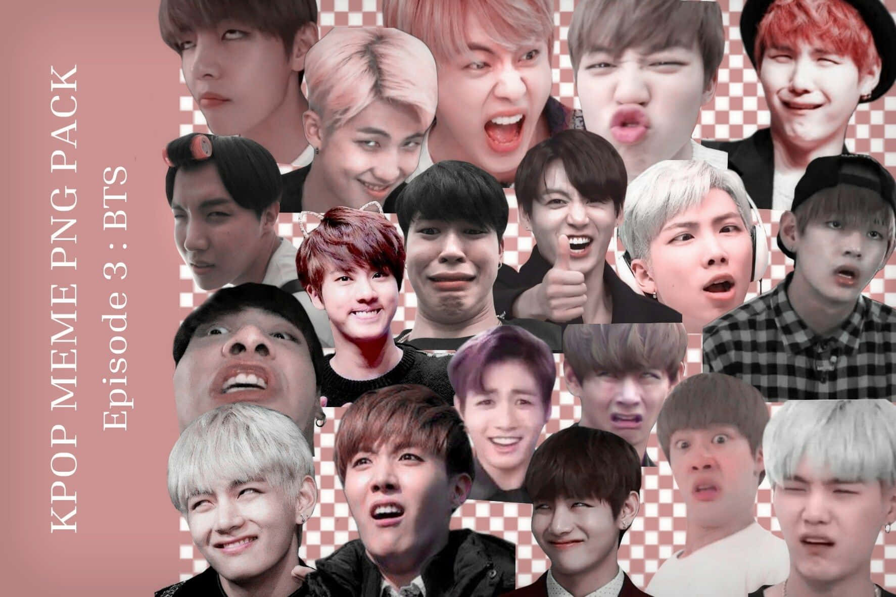 Bts Meme 桌布 壁紙 — 一幅充滿活力的拼貼畫，BTS 成員在粉紅色格子背景上展現俏皮誇張的表情。
