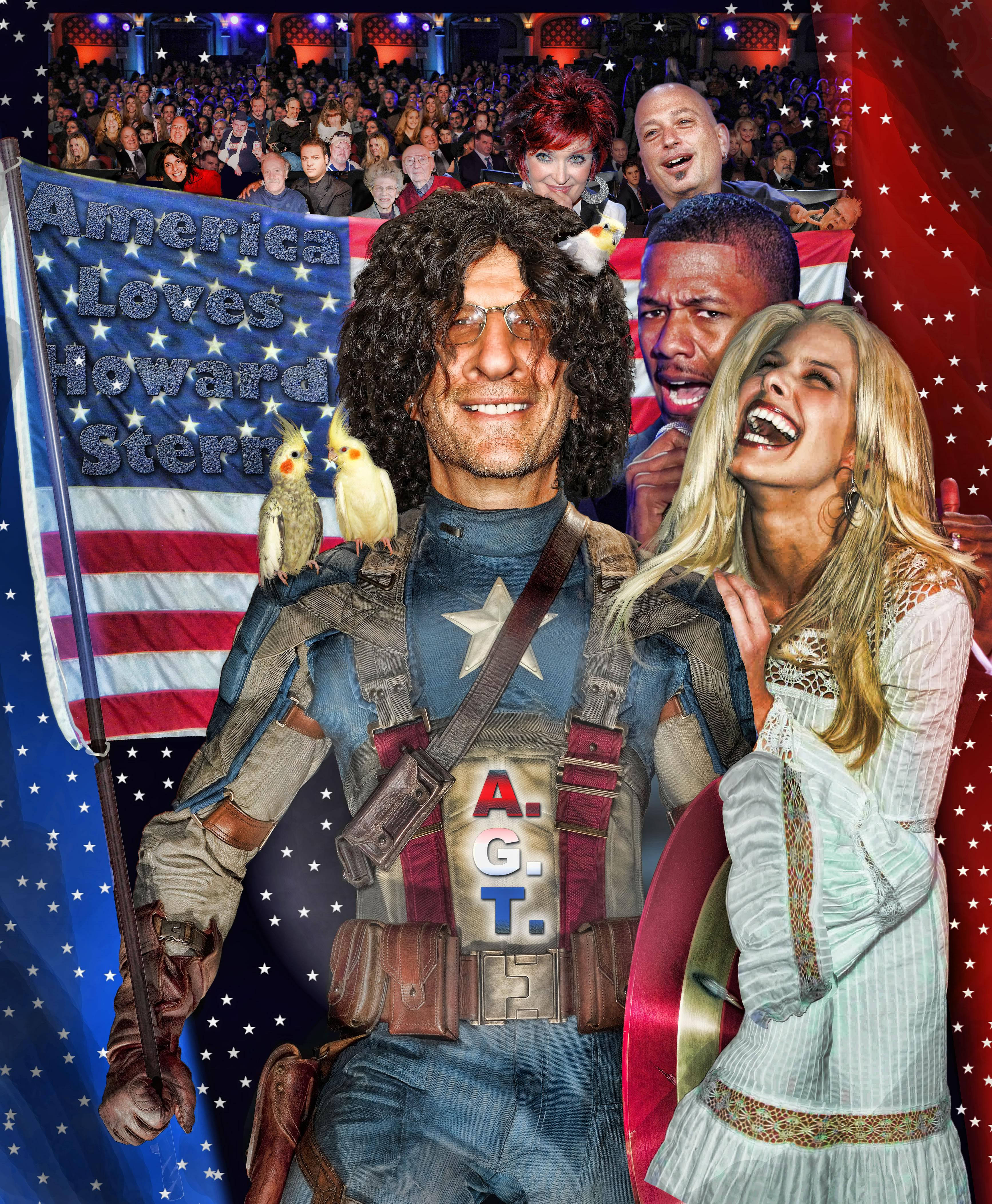 Howard 桌布 壁紙 — 一幅充滿活力的拼貼畫， featuring Howard Stern 穿著美國隊長服裝，旁邊有一位大笑的女性，周圍是歡呼的人群和美國國旗圖案。