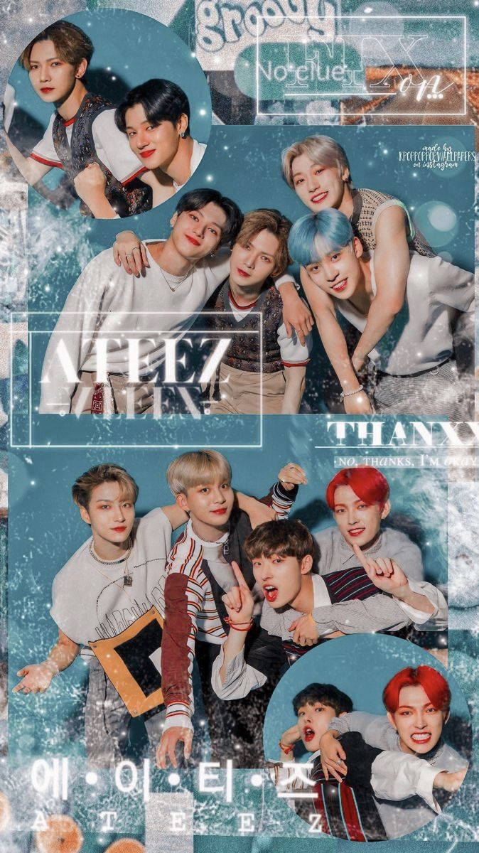 Kpop Aesthetic 桌布 壁紙 — 一幅充滿活力的拼貼畫，K-pop 組合 ATEEZ 成員在閃爍的藍色背景上充滿活力地擺姿勢，並帶有文字疊加。