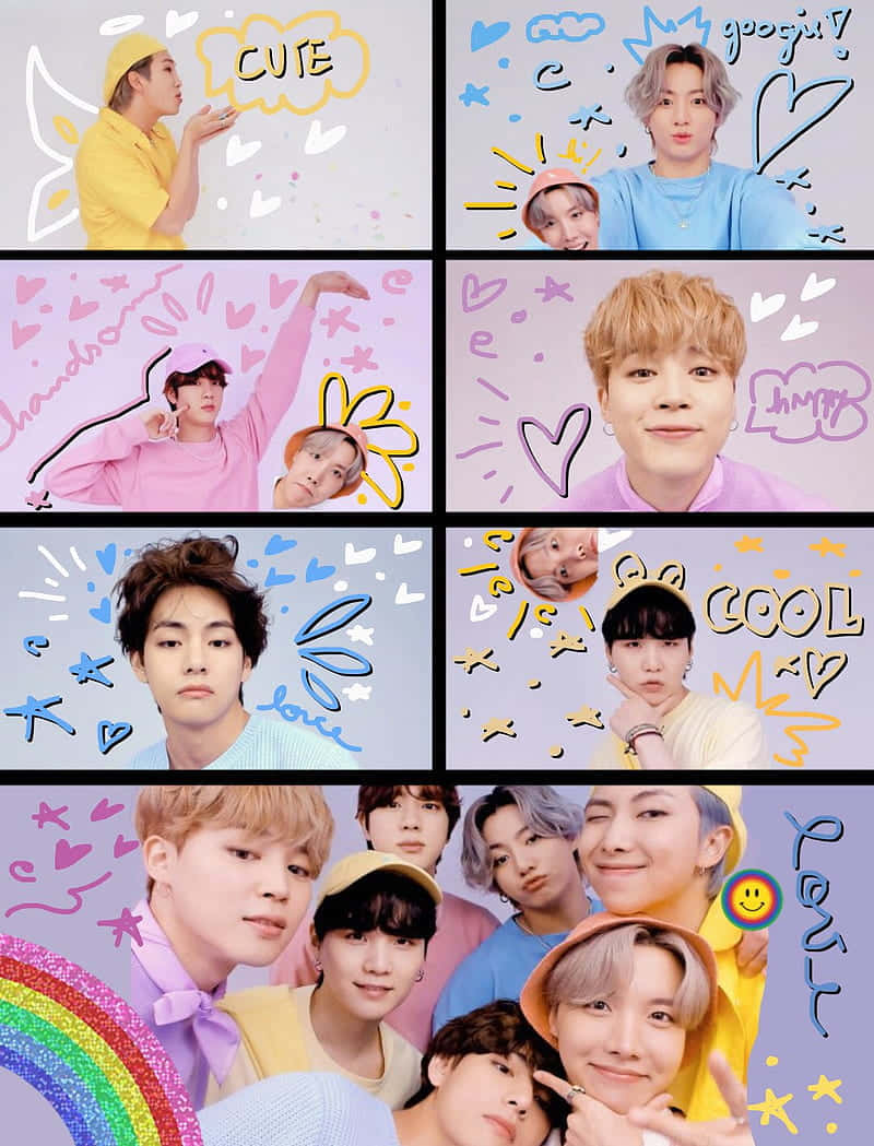 BTS 桌布 壁紙 — 一幅充滿活力的拼貼畫，K-pop偶像穿著色彩繽紛的服裝，周圍環繞著俏皮的塗鴉和文字氣泡。