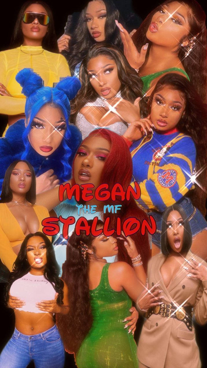 Stallion 桌布 壁紙 — 一幅充滿活力的拼貼畫，Megan Thee Stallion 穿著大膽的服裝，在黑色背景前閃閃發光地擺姿勢。