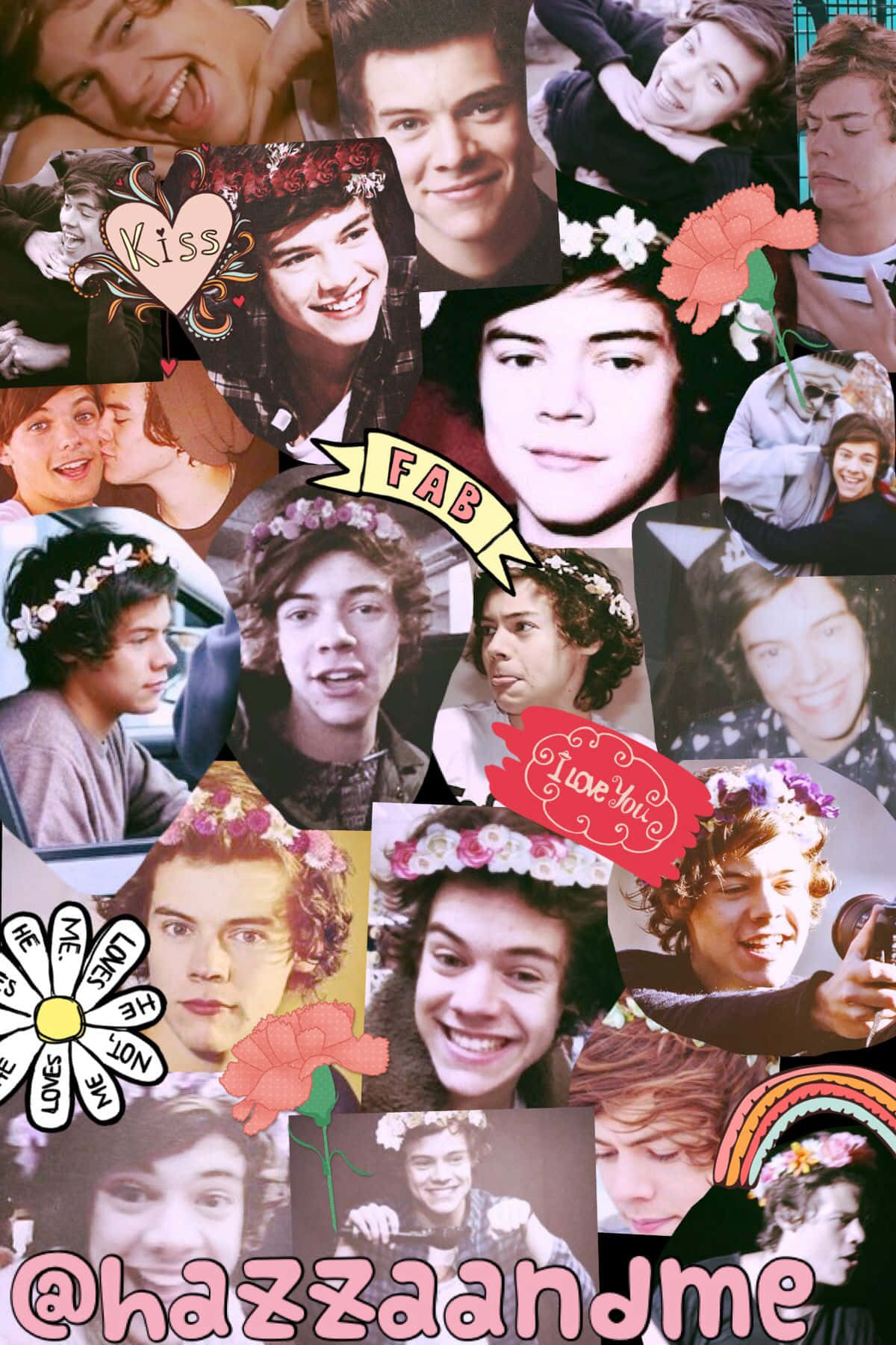 Harry Styles Collage 桌布 壁紙 — 一幅充滿活力的拼貼畫，One Direction 成員面帶微笑，戴著花冠並擺出姿勢，並帶有裝飾性文字疊加。