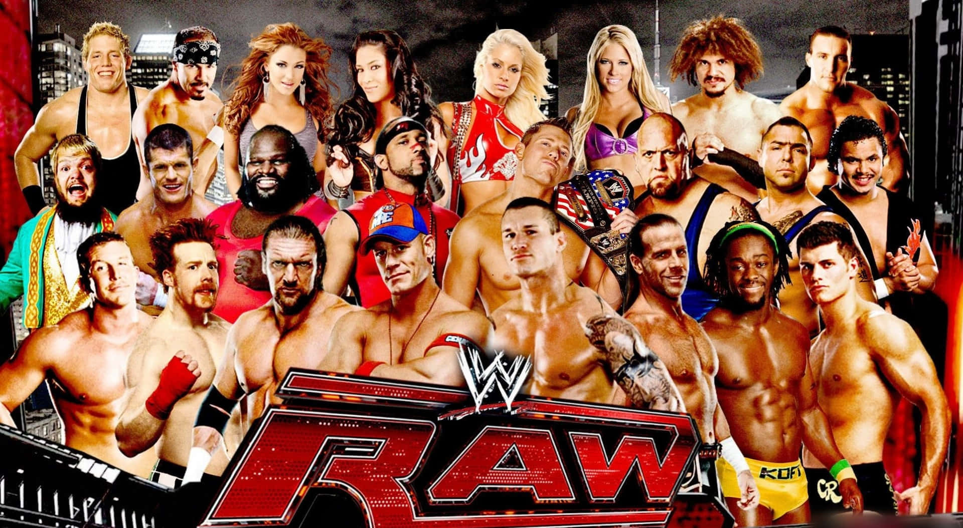 WWE 桌布 壁紙 — 一幅充滿活力的拼貼畫，WWE 摔角手和名人自信地在 RAW 標誌周圍擺姿勢，背景是城市天際線。