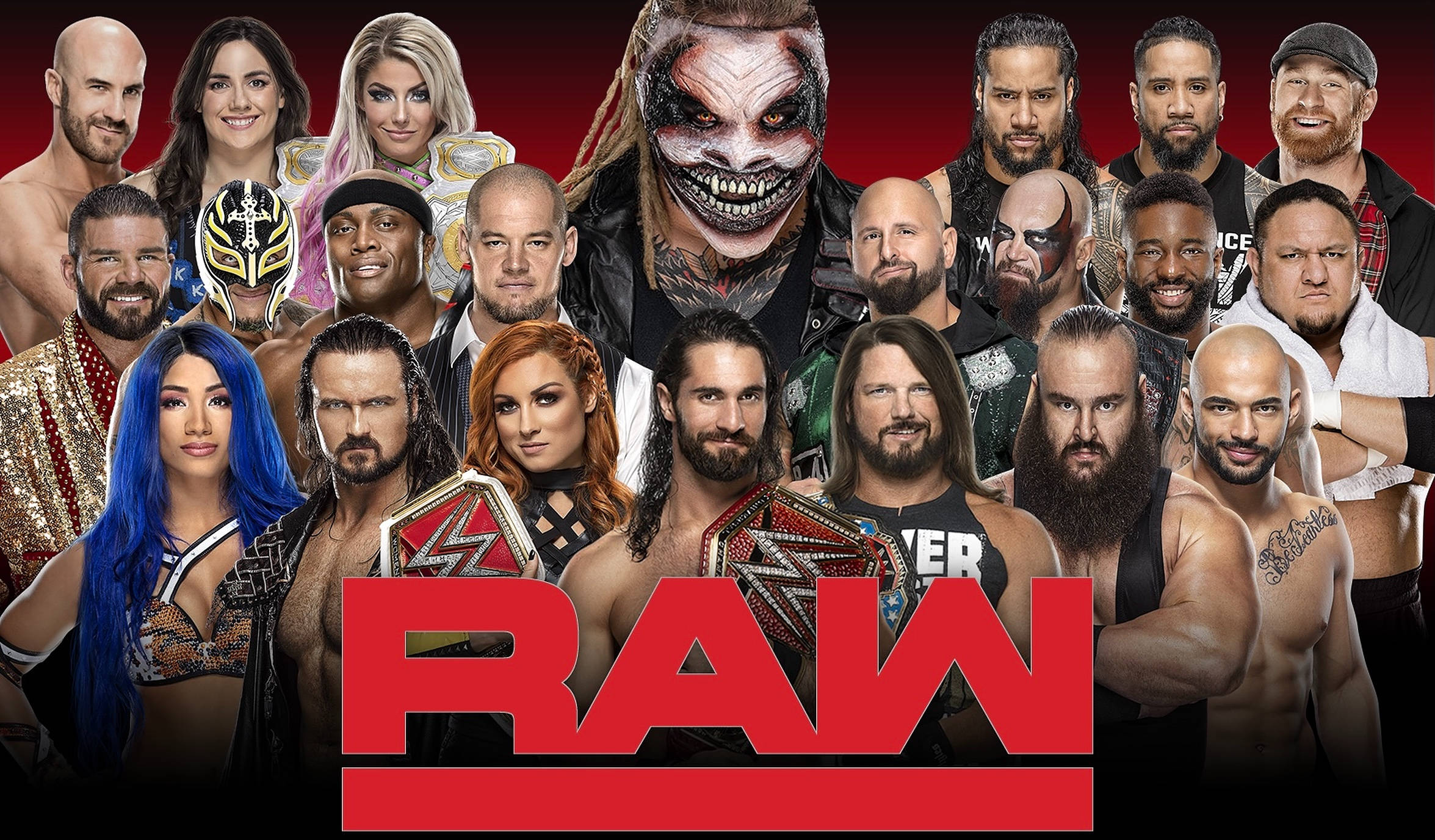 WWE 桌布 壁紙 — 一幅充滿活力的拼貼畫，WWE摔角手和超級巨星在帶有RAW標誌的醒目紅色背景前自信地擺姿勢。