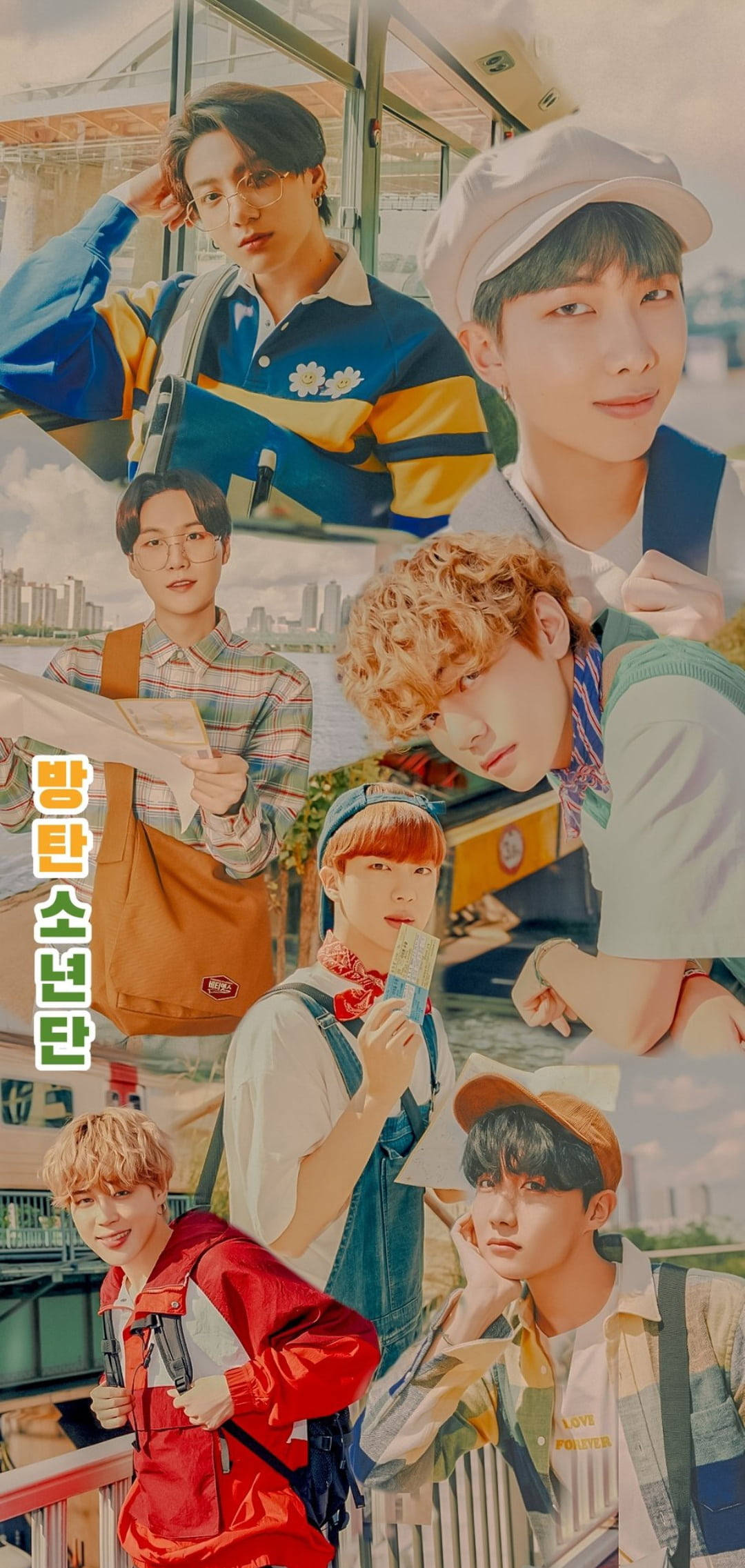 BTS 桌布 壁紙 — 一幅充滿活力的拼貼畫，七位身穿色彩繽紛街頭服的年輕男性，在溫暖濾鏡色調的城市背景下擺姿勢。