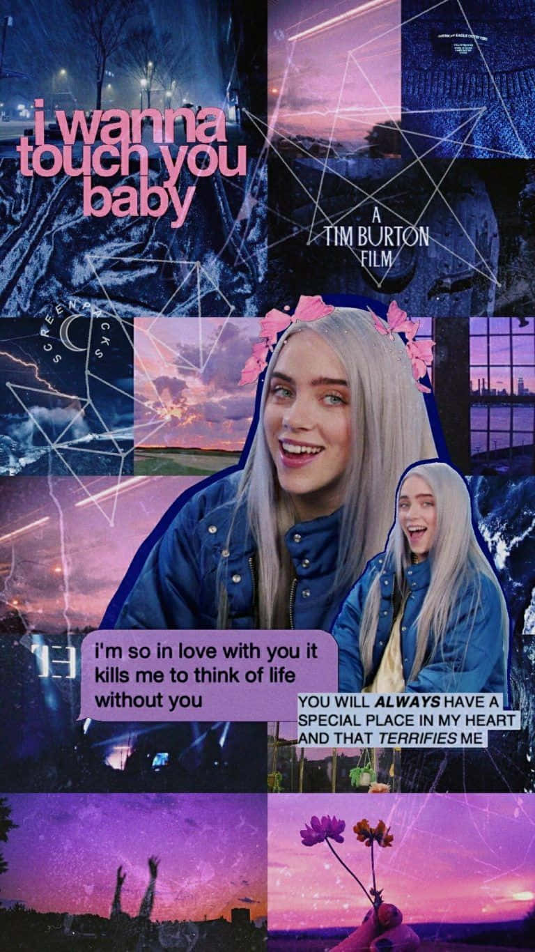 Billie Eilish Purple 桌布 壁紙 — 一幅充滿活力的拼貼畫，以 Billie Eilish 為主角，搭配粉紅色花卉點綴和文字疊加，背景是夢幻般的紫色日落和城市夜景。