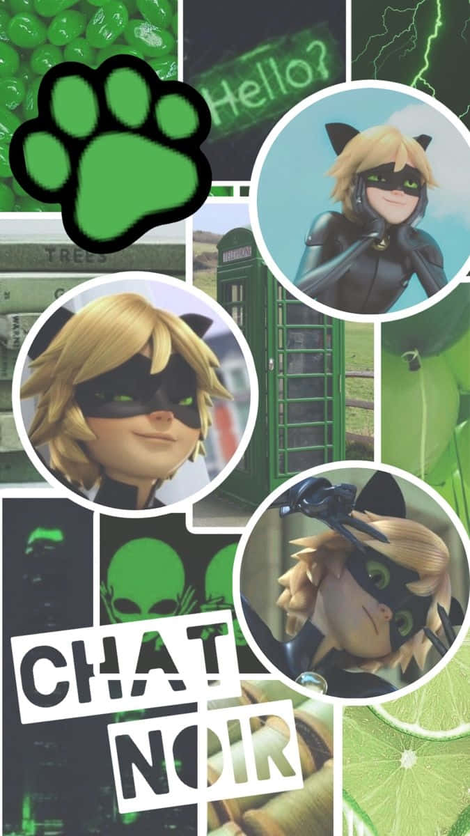 超級英雄 桌布 壁紙 — 一幅充滿活力的拼貼畫，以 Miraculous 中的 Cat Noir 為特色，帶有綠色爪印、萊姆片和霓虹綠色文字，背景為深色。