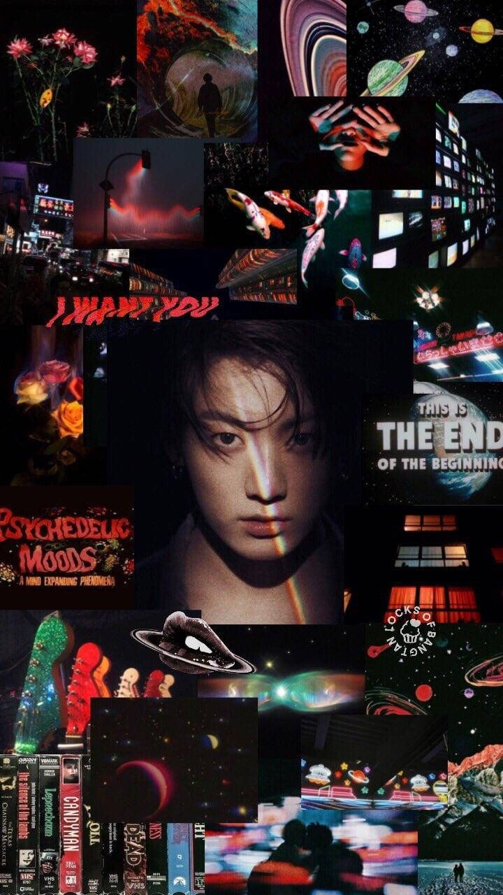 Jungkook Aesthetic 桌布 壁紙 — 一幅充滿活力的拼貼畫，以帶有彩虹光的人臉為中心，融合了宇宙場景、霓虹城市景觀和超現實圖像。