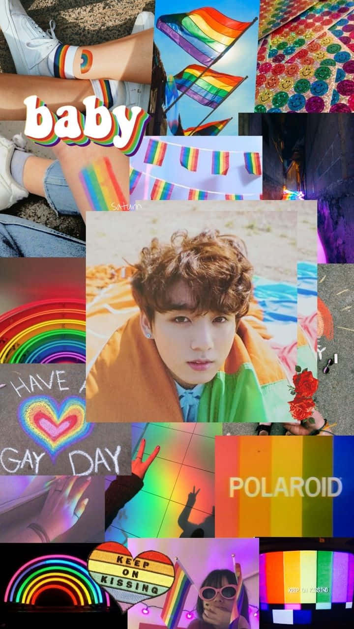 Pride Aesthetic 桌布 壁紙 — 一幅充滿活力的拼貼畫，以彩虹旗、橫幅、紋身和歡樂的圖像慶祝LGBTQ+驕傲。