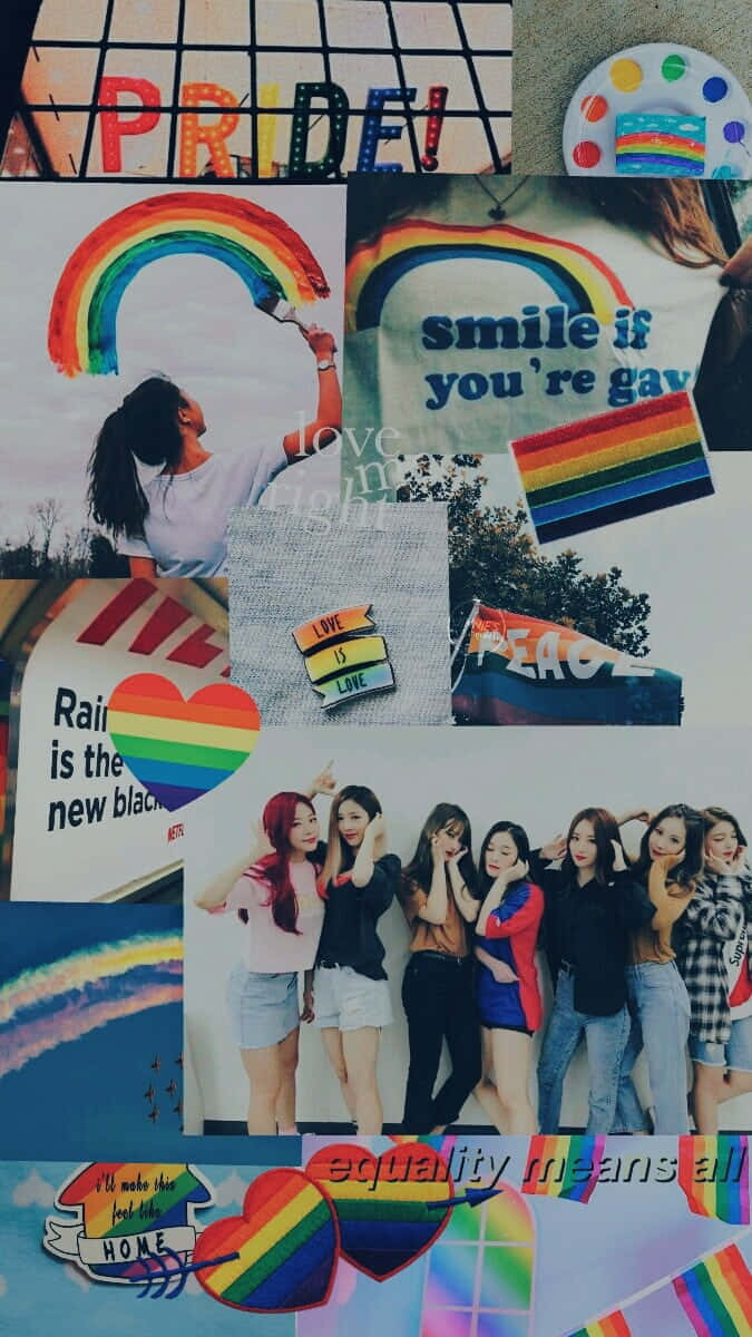Pride Aesthetic 桌布 壁紙 — 一幅充滿活力的拼貼畫，以彩虹旗、心形和賦權訊息（例如「如果你是同性戀，請微笑」和「平等意味著一切」）來慶祝 LGBTQ+ 驕傲。