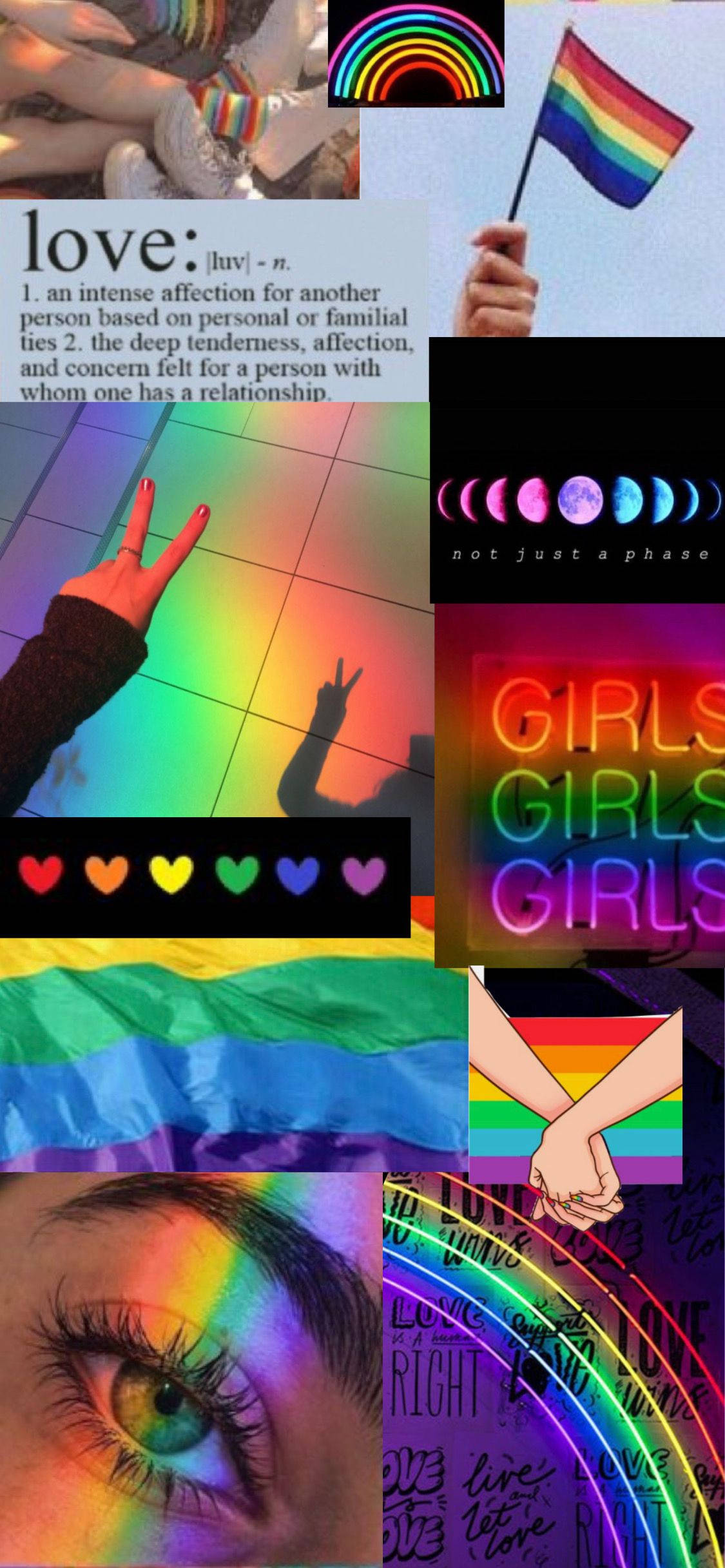 Cute Pride 桌布 壁紙 — 一幅充滿活力的拼貼畫，以彩虹旗、手、心形和彩色文字元素慶祝愛與LGBTQ+驕傲。