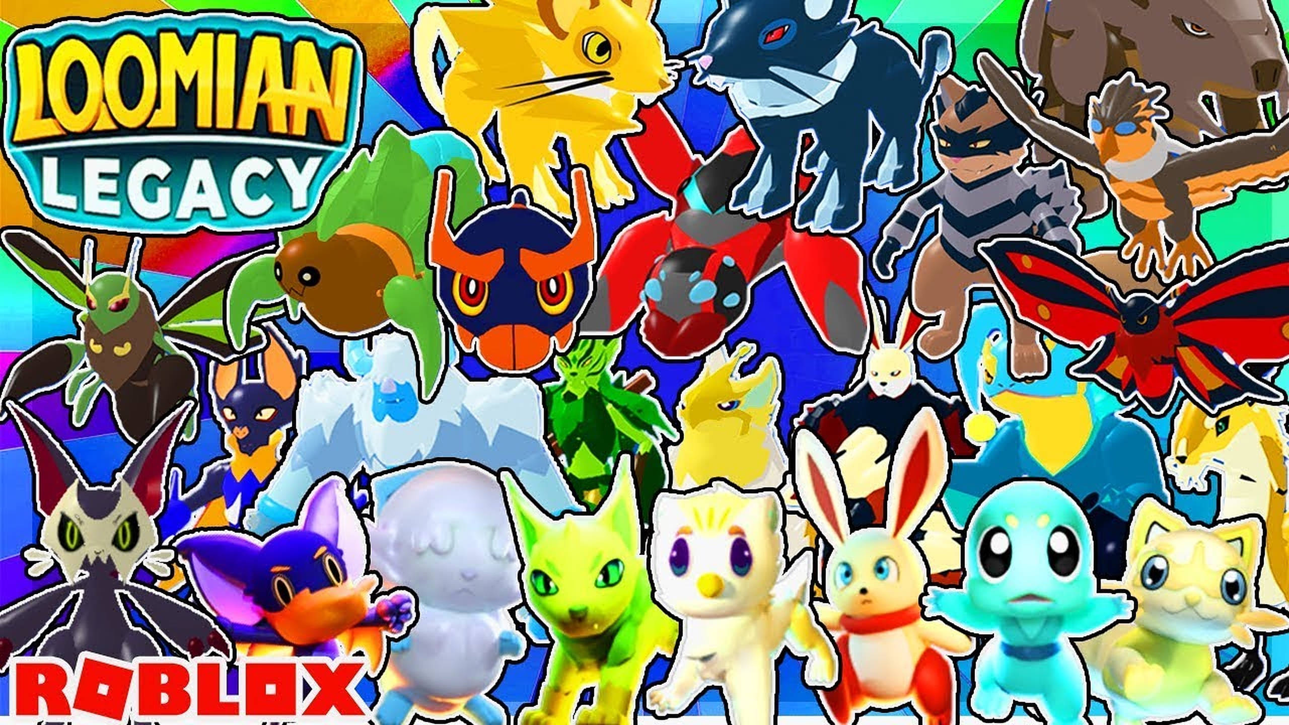 loomian legacy 桌布 壁紙 — 一幅充滿活力的拼貼畫，以彩虹背景為襯托，展示Roblox遊戲Loomian Legacy中色彩繽紛的卡通生物。