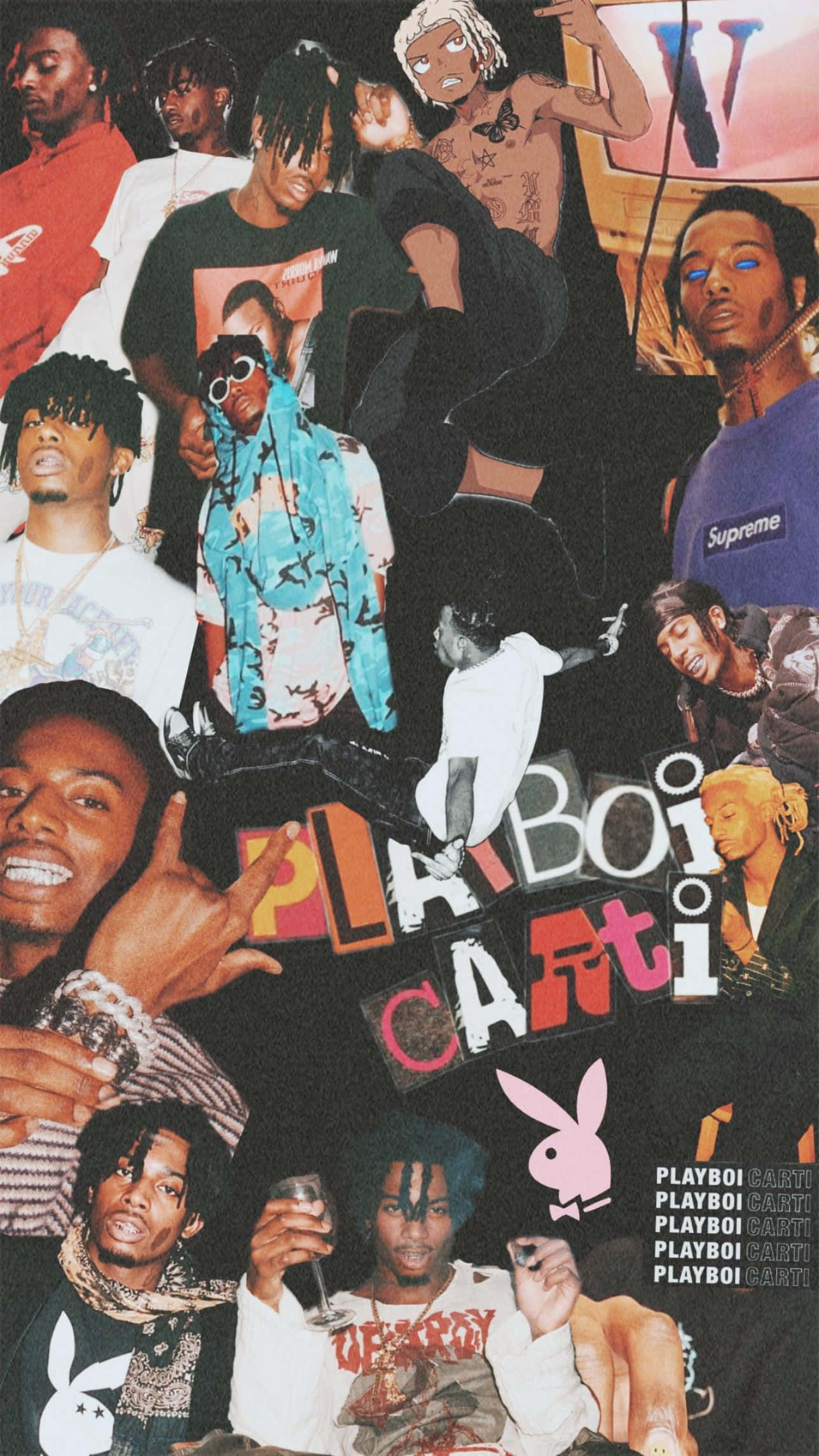 Playboi Carti iPhone 桌布 壁紙 — 一幅充滿活力的拼貼畫，以深色背景為襯，疊加 Playboi Carti 的風格化肖像、粗體文字和 Playboy 品牌標誌。