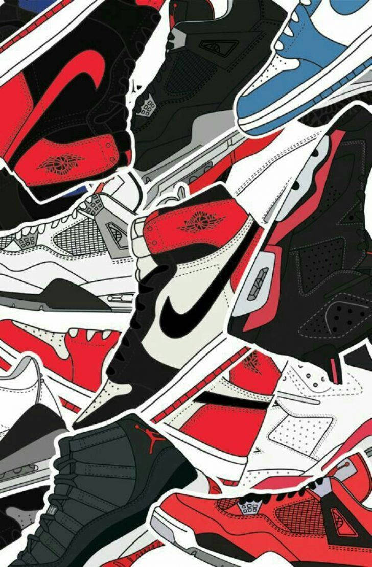Air Jordan 桌布 壁紙 — 一幅充滿活力的拼貼畫，以紅色、黑色和白色呈現標誌性的 Jordan 運動鞋，並帶有大膽的圖形輪廓。