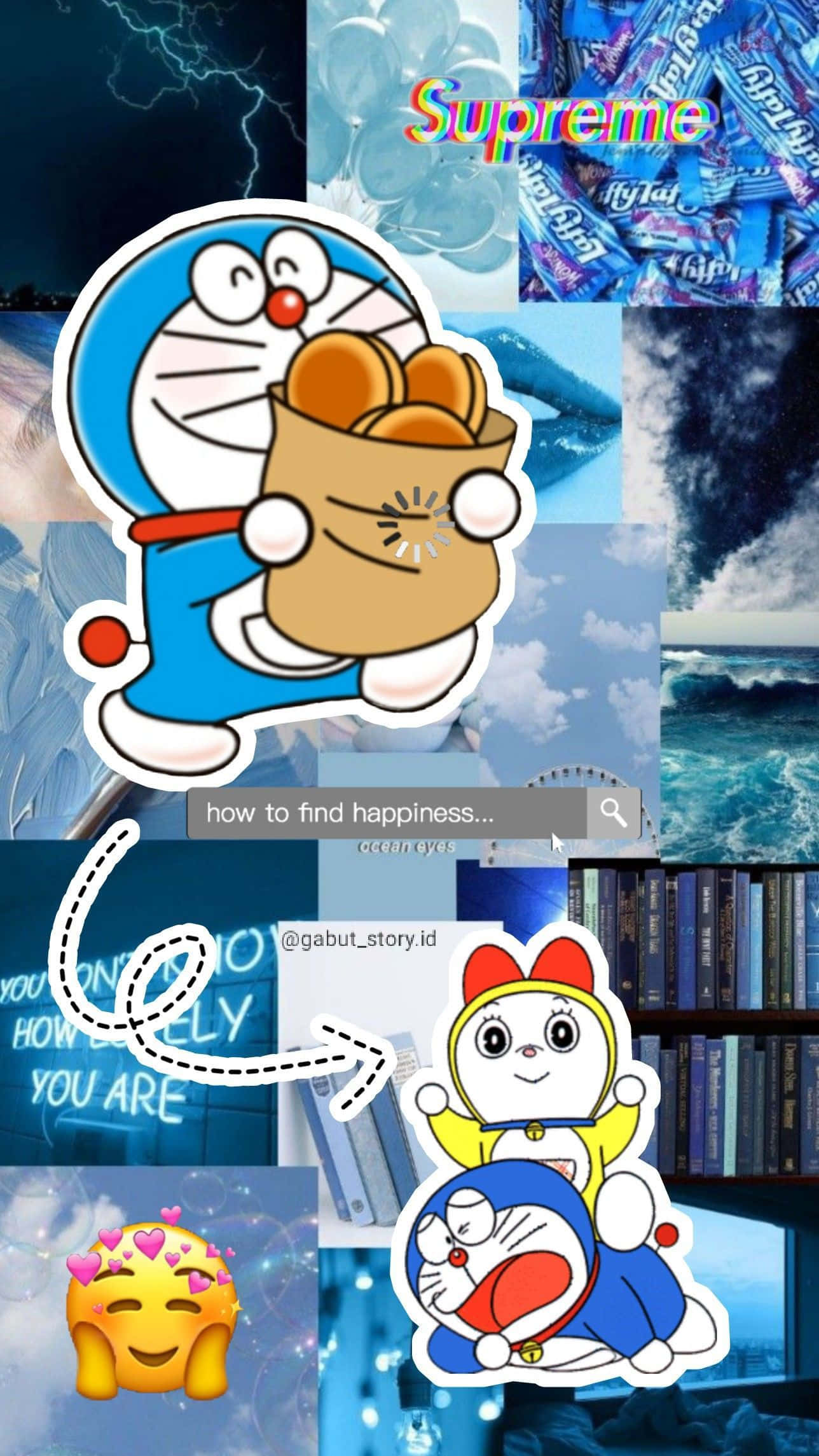 Doraemon 桌布 壁紙 — 一幅充滿活力的拼貼畫，以藍天為背景，包含哆啦A夢角色、糖果、海浪和文字疊加。