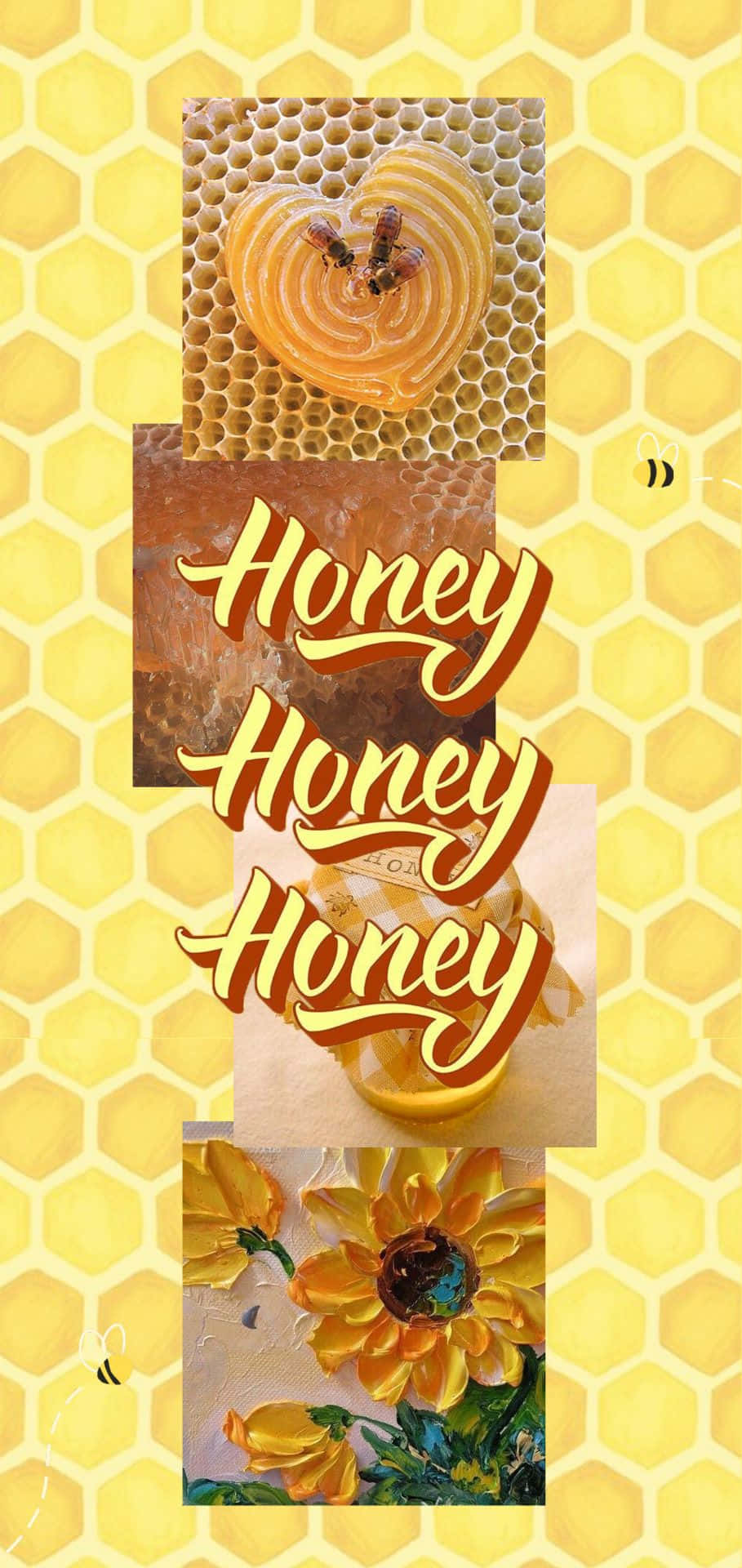 Aesthetic Bee 桌布 壁紙 — 一幅充滿活力的拼貼畫，以蜂巢、蜜蜂、蜂蜜文字、蜂蜜罐和向日葵為特色，背景為黃色六邊形。