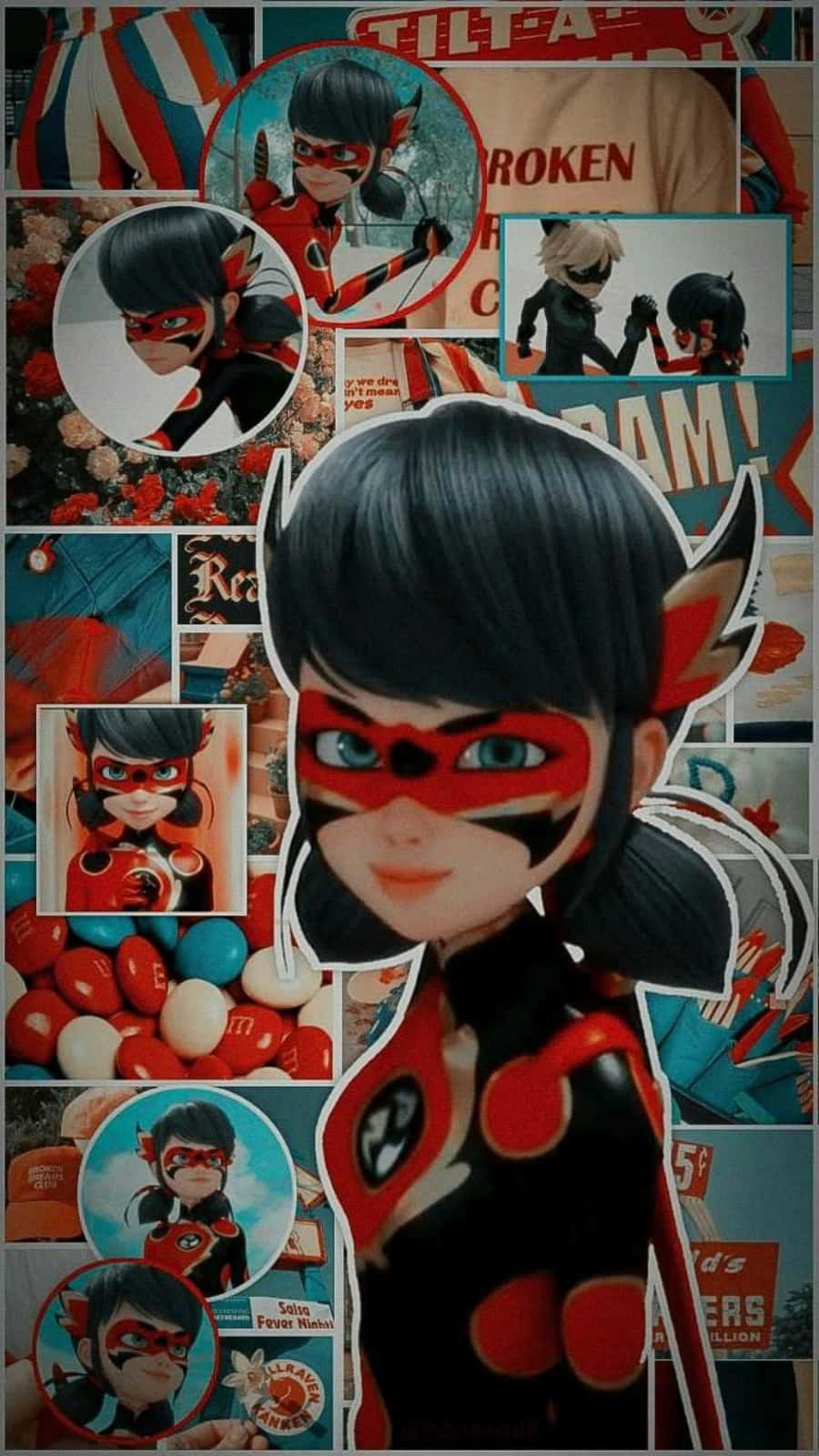 身穿紅黑服裝的Ladybug動漫角色，周圍環繞著漫畫面板和糖果。 — 瓢蟲少女 GIF 壁紙