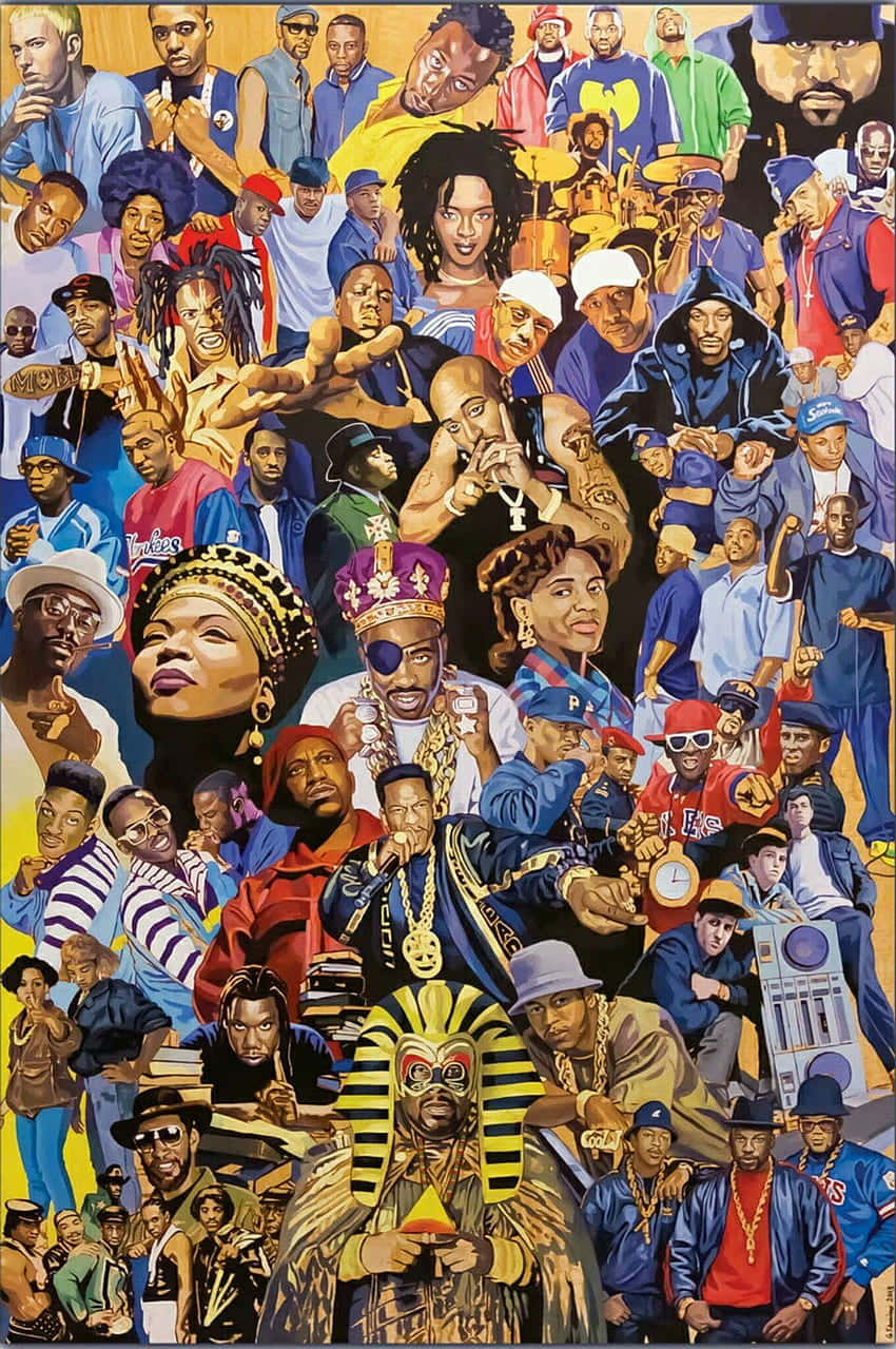 Hip Hop Rappers 桌布 壁紙 — 一幅充滿活力的拼貼畫，以鮮豔色彩和富有表現力的姿勢呈現標誌性的嘻哈藝術家，頌揚街頭文化和音樂傳承。